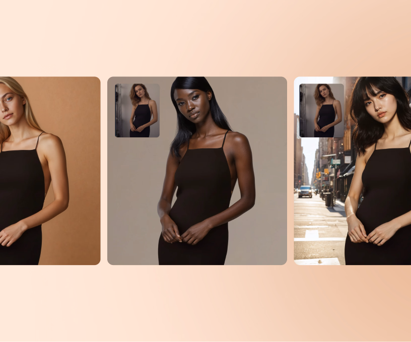 Three different images of three different female AI fashion models wearing the same black dress with different backgrounds. 