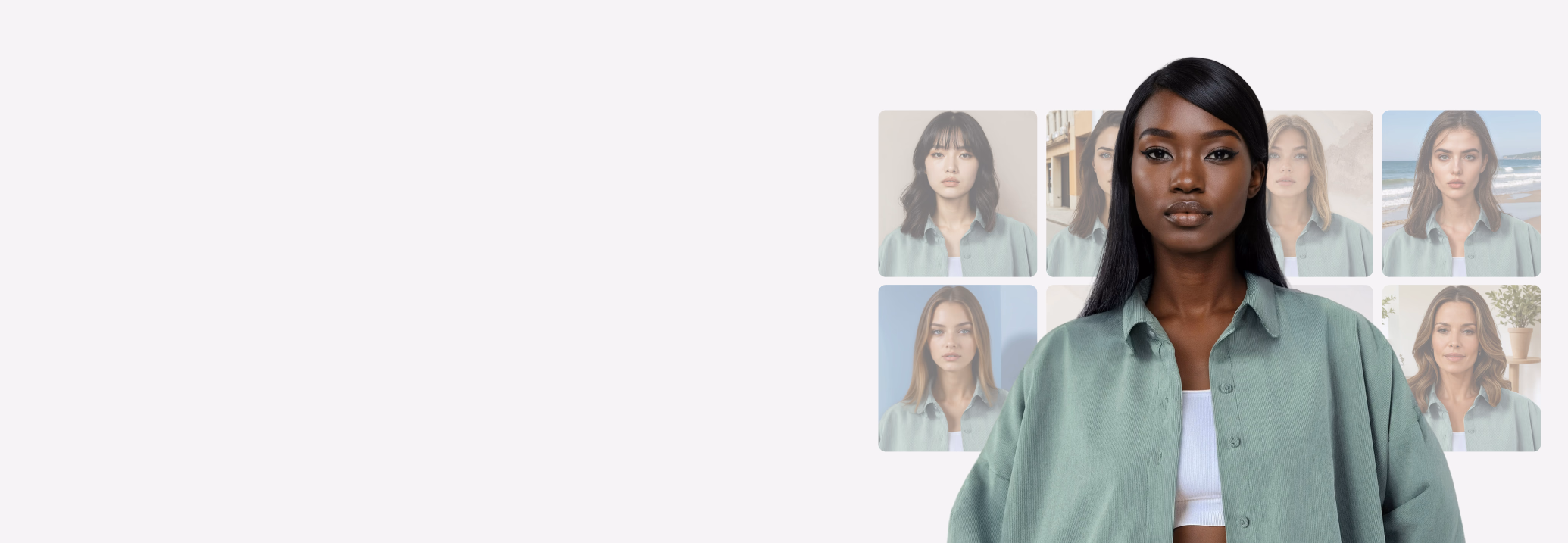Black female AI fashion model wearing a green button shirt with 8 images of a variety of other AI models wearing the same outfit with different backgrounds. 