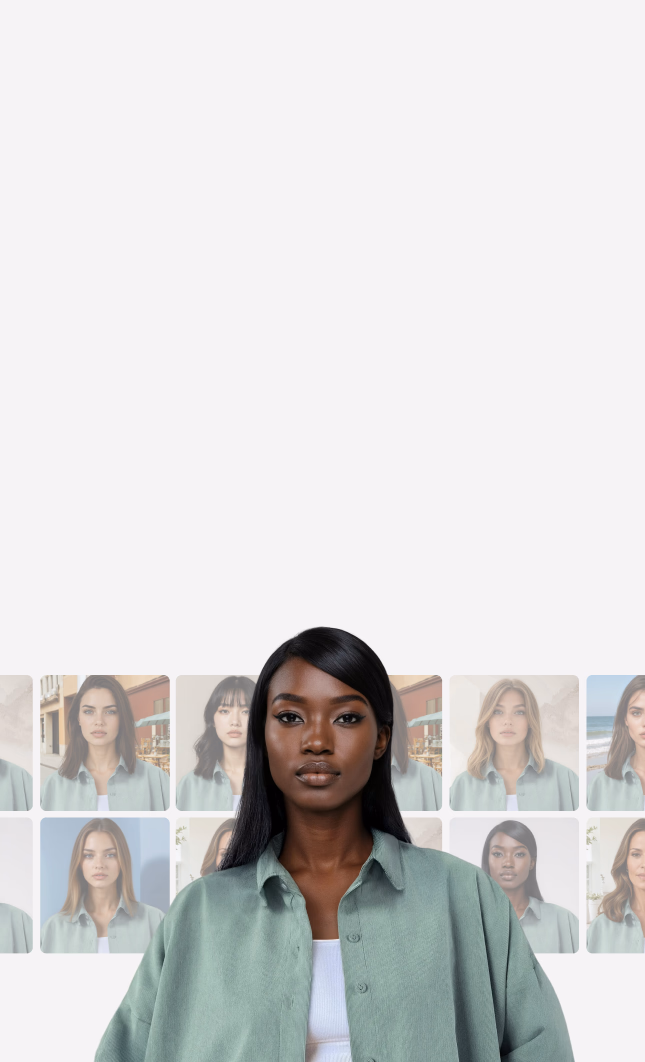Black female AI fashion model wearing a green button shirt with 8 images of a variety of other AI models wearing the same outfit with different backgrounds. 