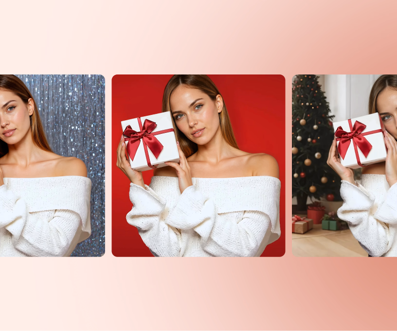 A series of three images of a blonde female wearing a white sweater holding a holiday gift with three different backgrounds. 