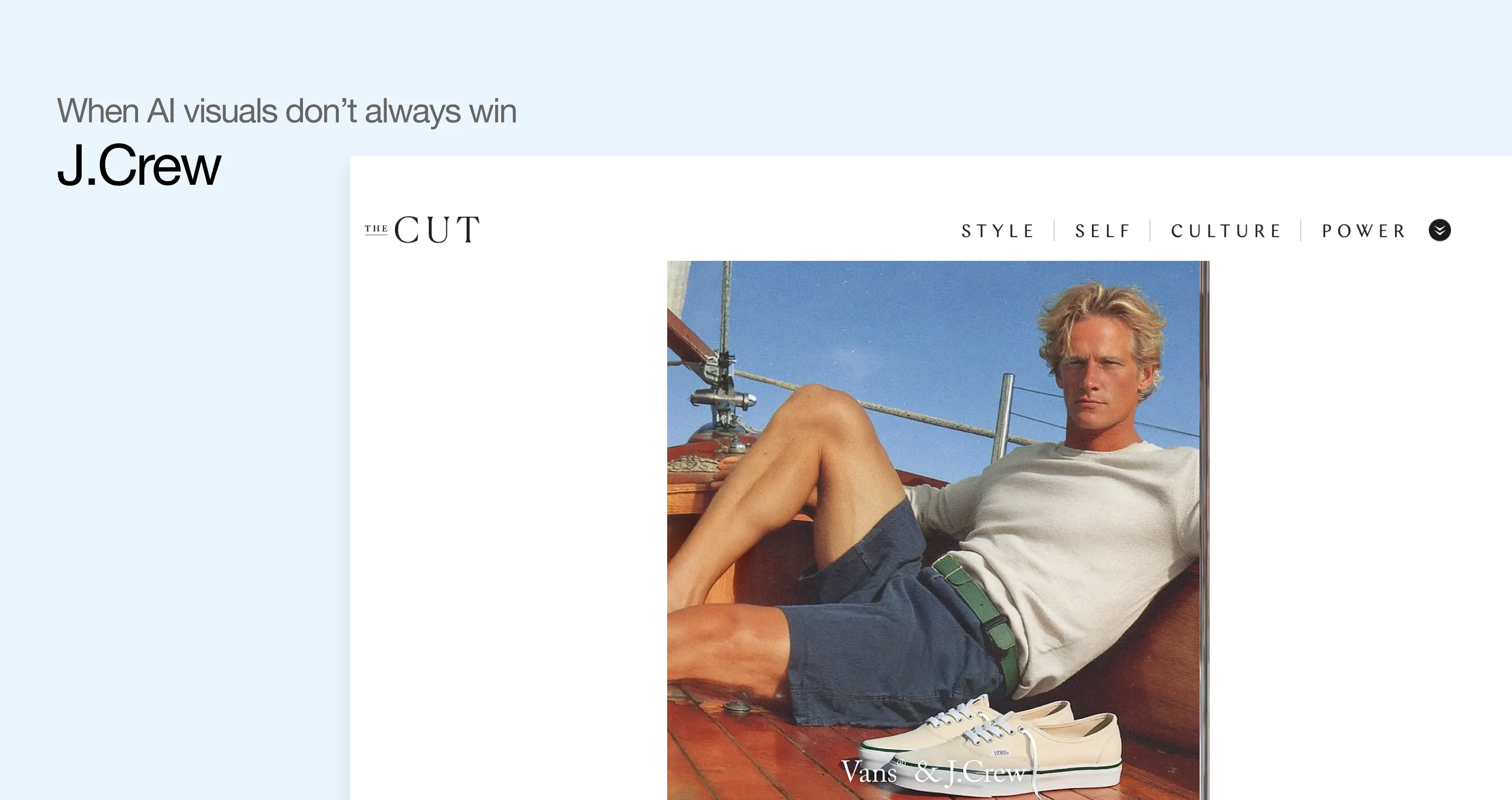J.Crew product photo of an AI fashion model sitting on a boat in blue shorts and a white long sleeve shirt.