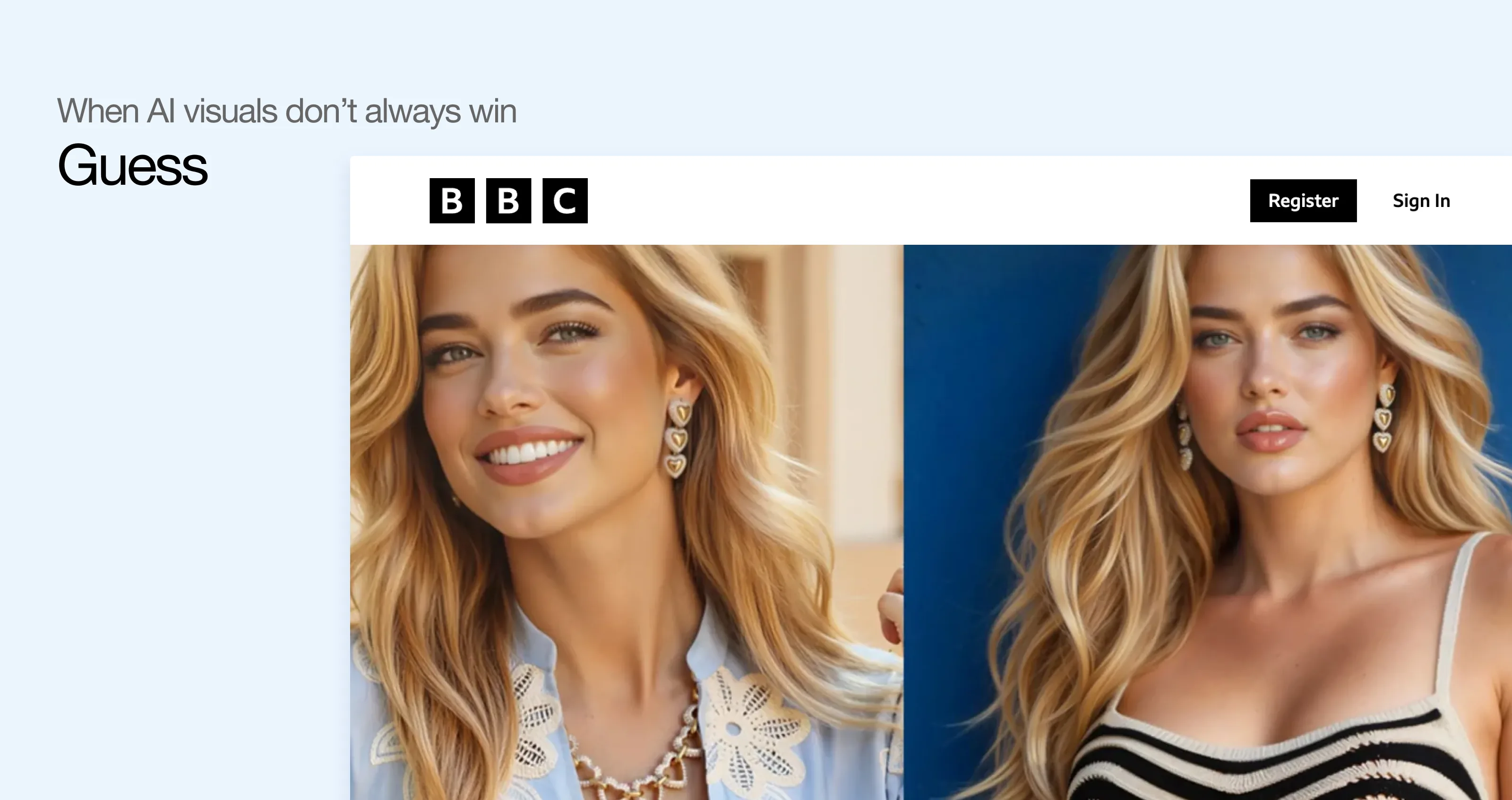 Two images of Guess' AI fashion model campaign.