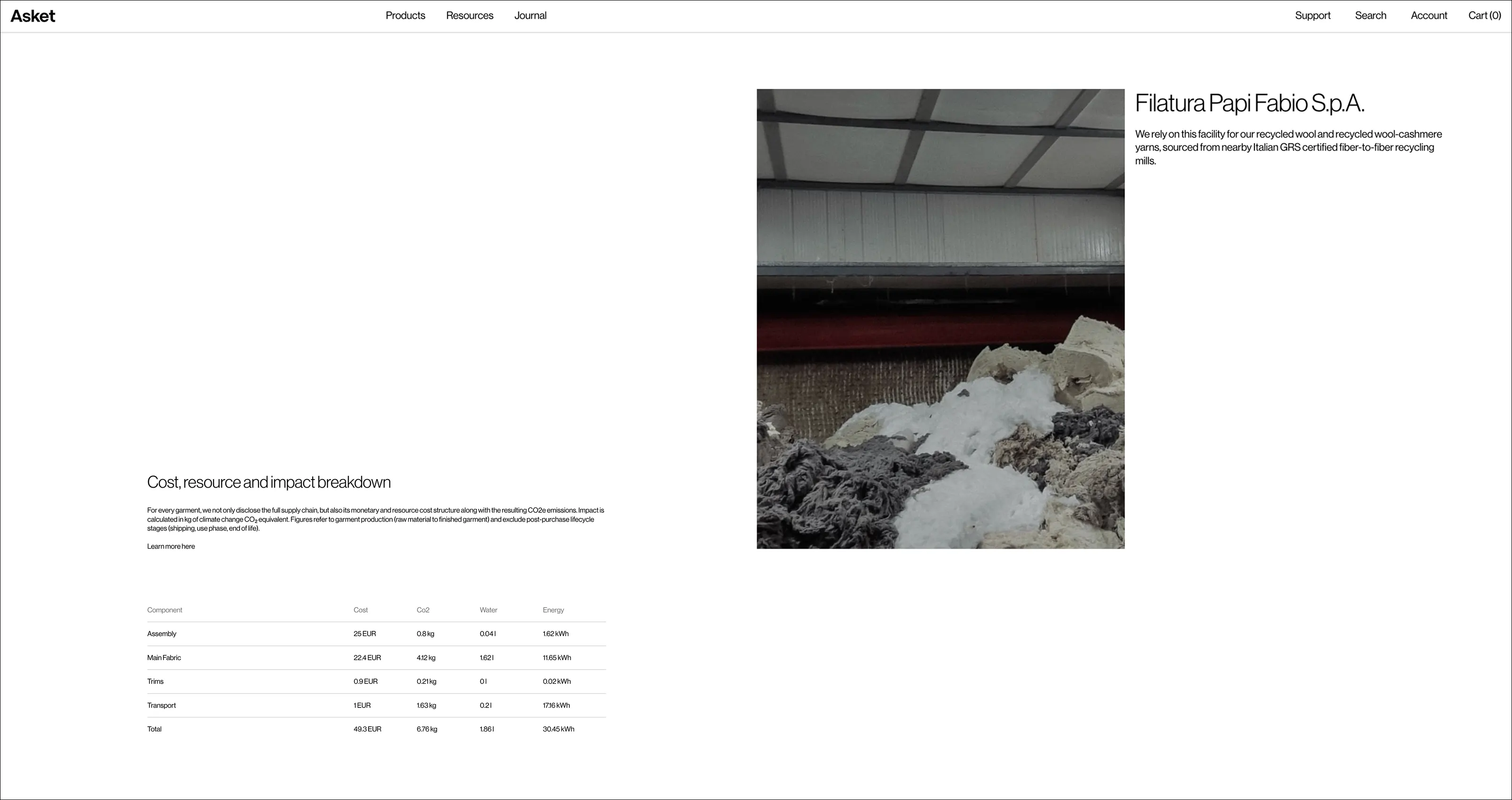 Image of an Asket webpage showing an example of their sustainable fashion practices.