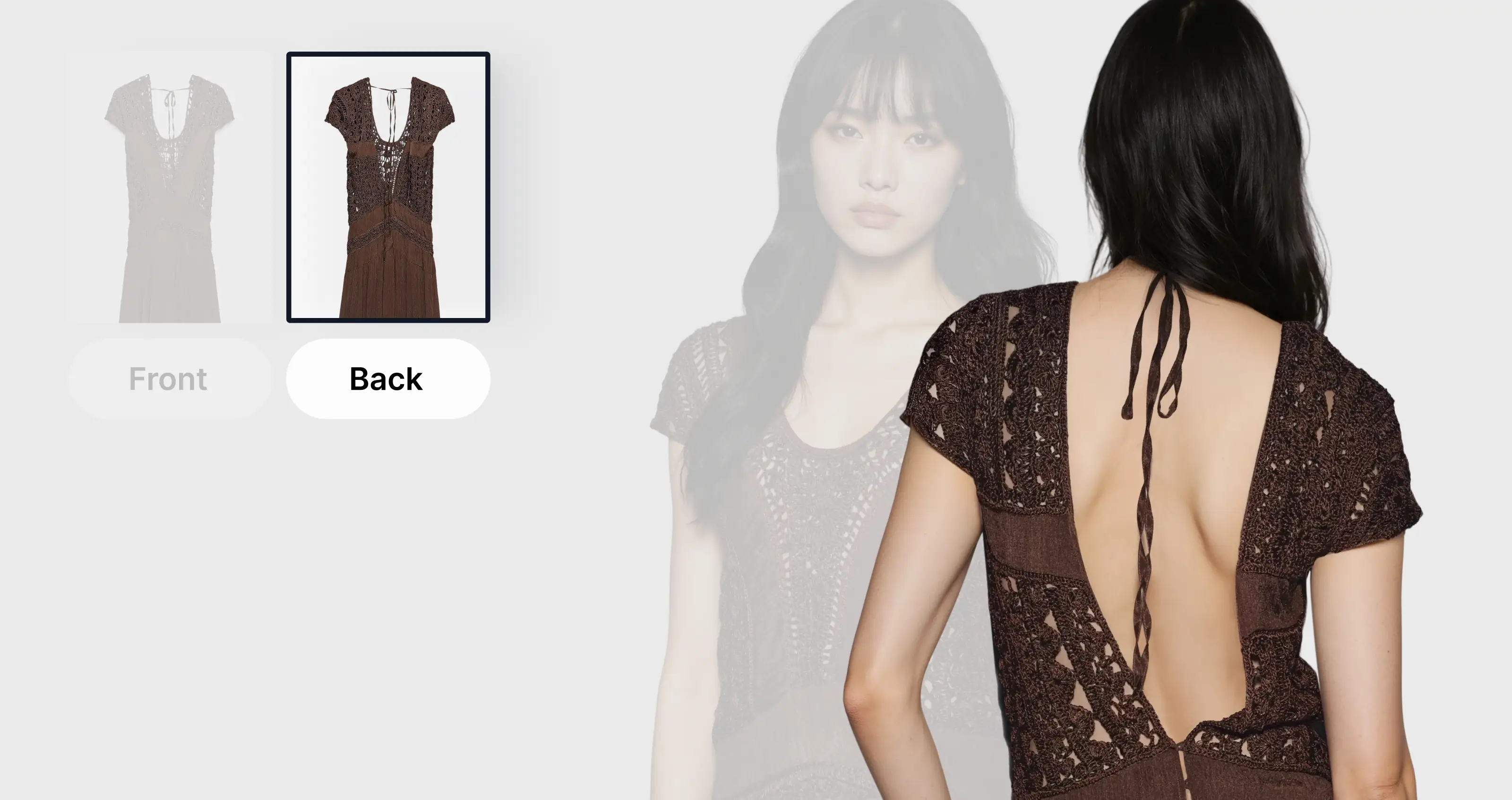 Image showing Botika's flat lay solution. It shows two images (back and front) of a brown dress and then an image of an Asian female AI fashion model wearing the dress, from the front and back. i