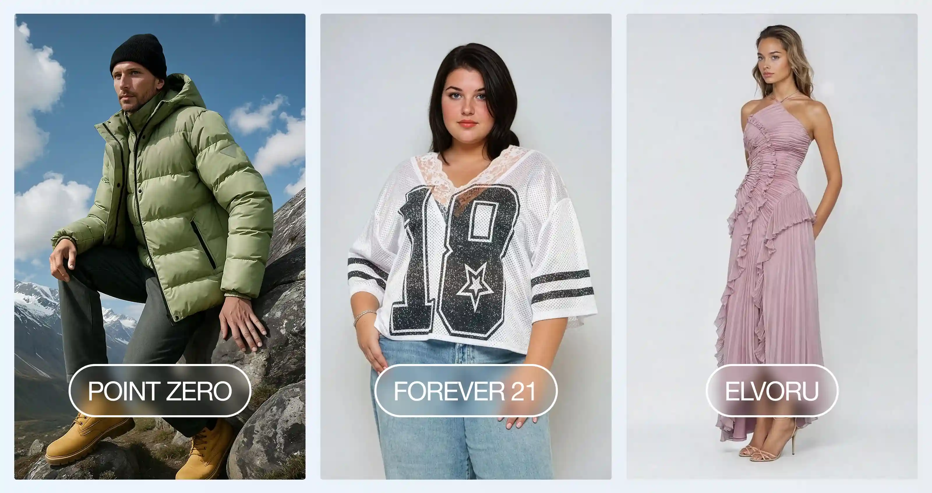 Three product shots from three of Botika's clients - Point Zero, Forever 21 and Elvoru.