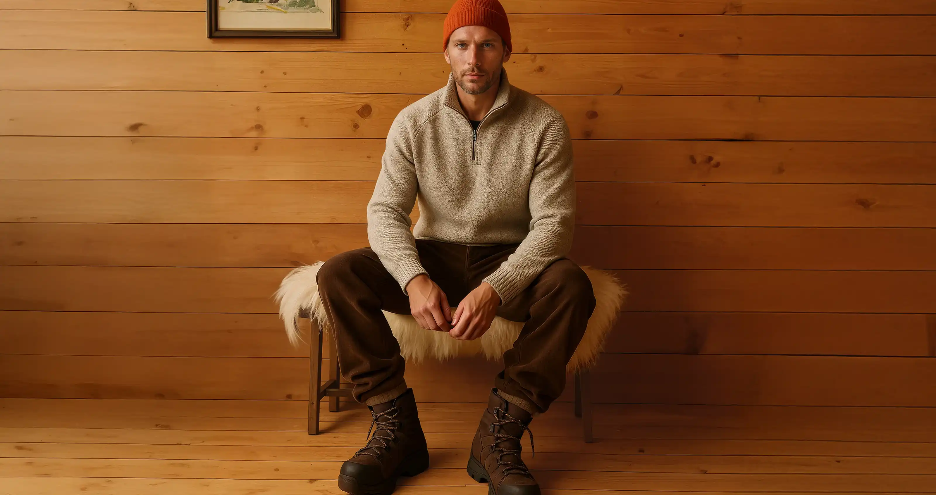 A lumberjack style product image from Point Zero Clothing. It shows a male AI fashion model wearing corduroy brown pants, oatmeal half zip sweater and an orange beanie.