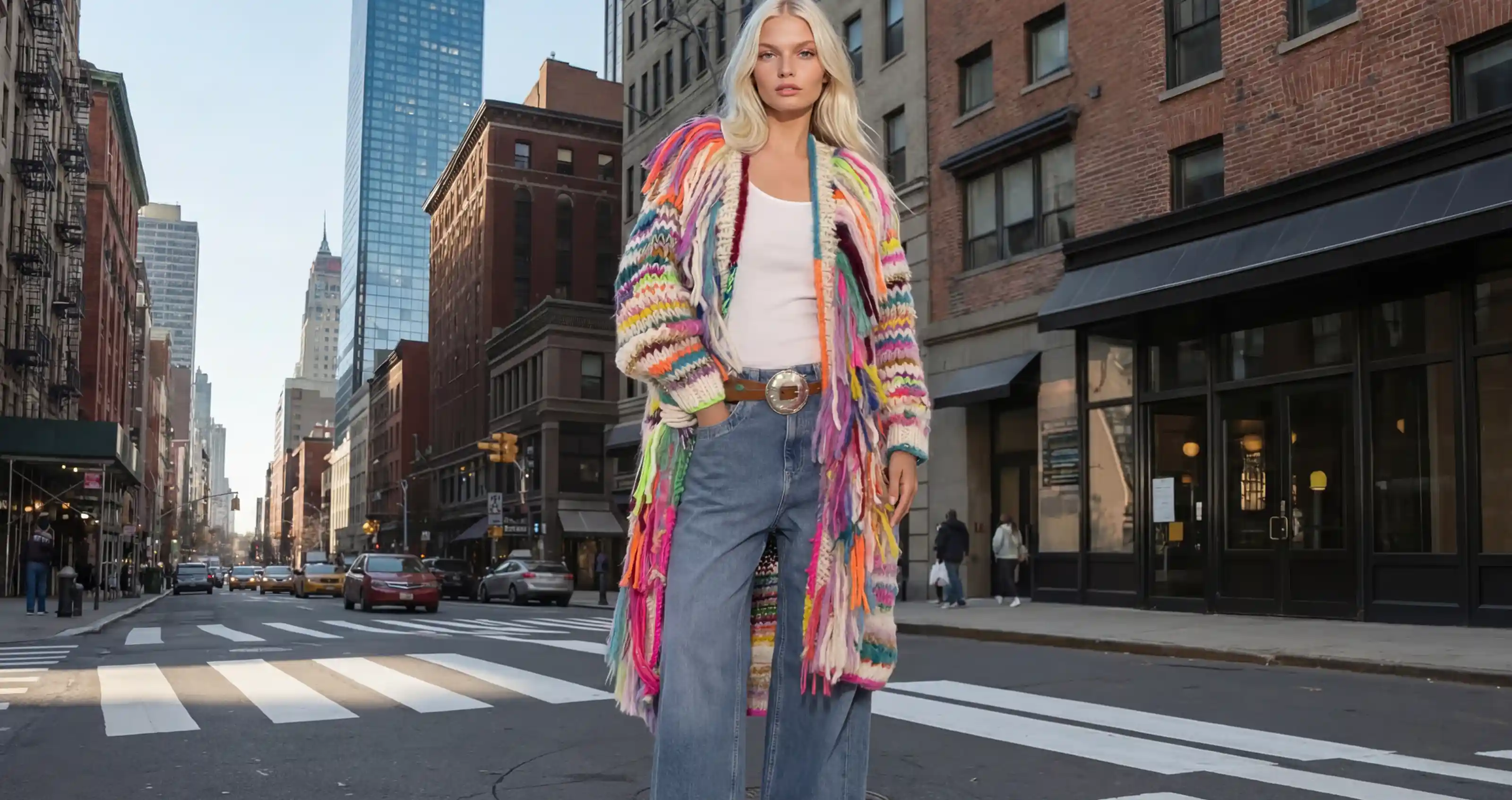Downtown city scene with a blonde female AI fashion model wearing Kitty van Coesant's clothes.