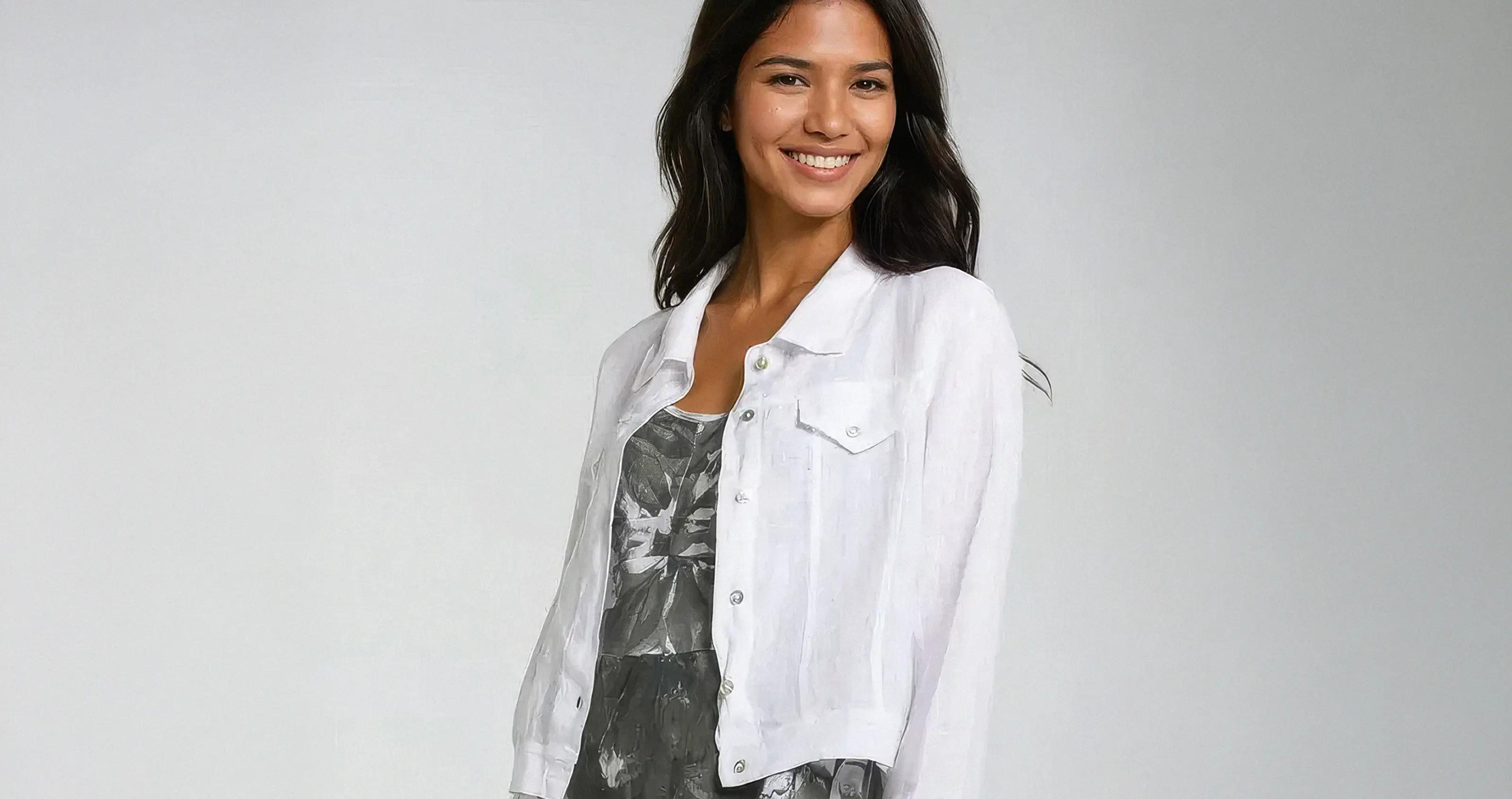 Get Dressed Collective product shot of a white crop jacket and a green and white island inspired shirt underneath worn by a Botika AI fashion model.