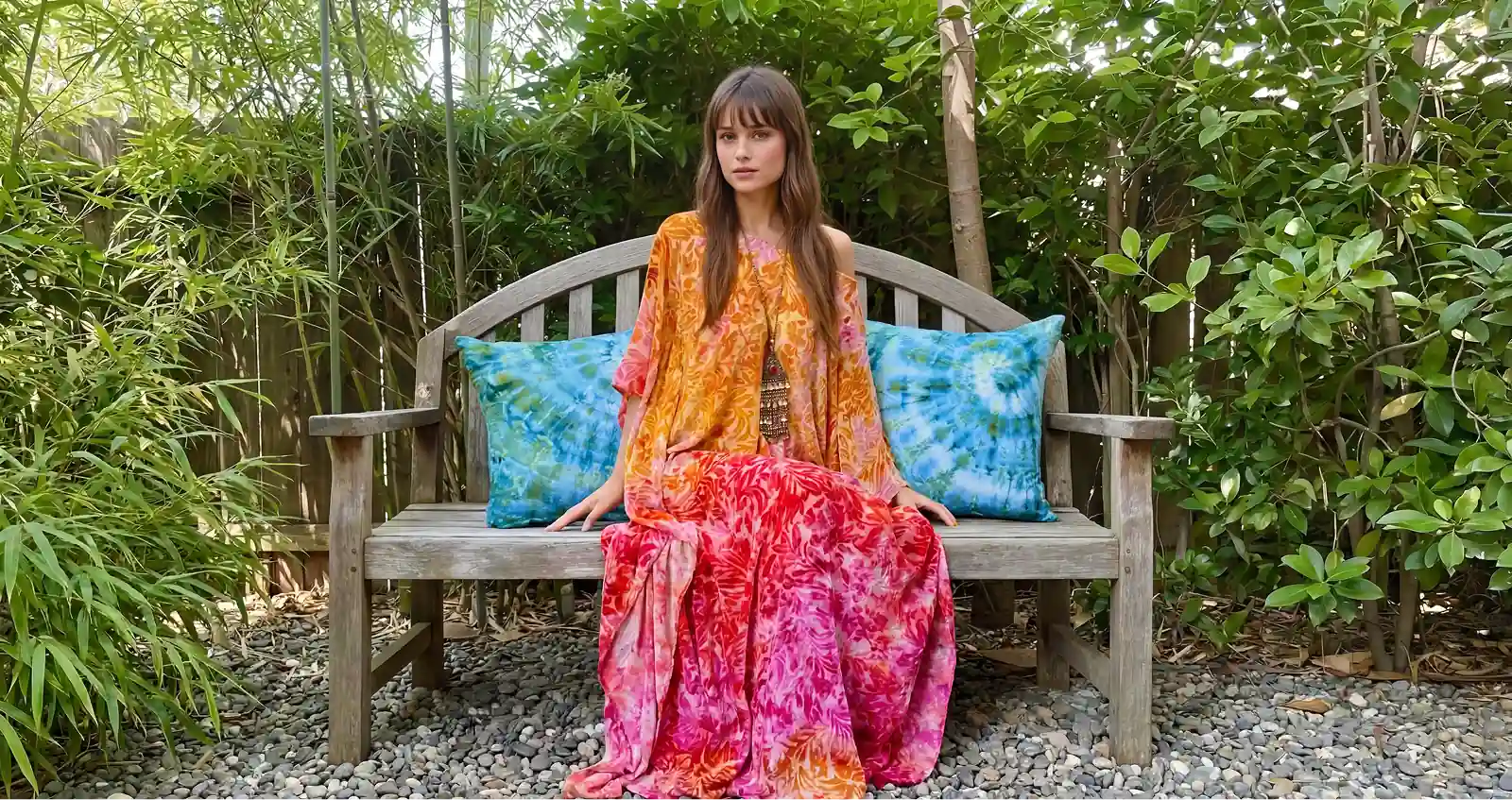 Bohemian chic product shot from Heidi Abra of a female Botika AI fashion model wearing a yellow and red dress.