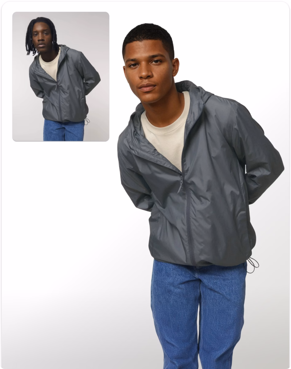 An original on model product image and the transformed AI fashion model wearing a windbreaker and jeans. 