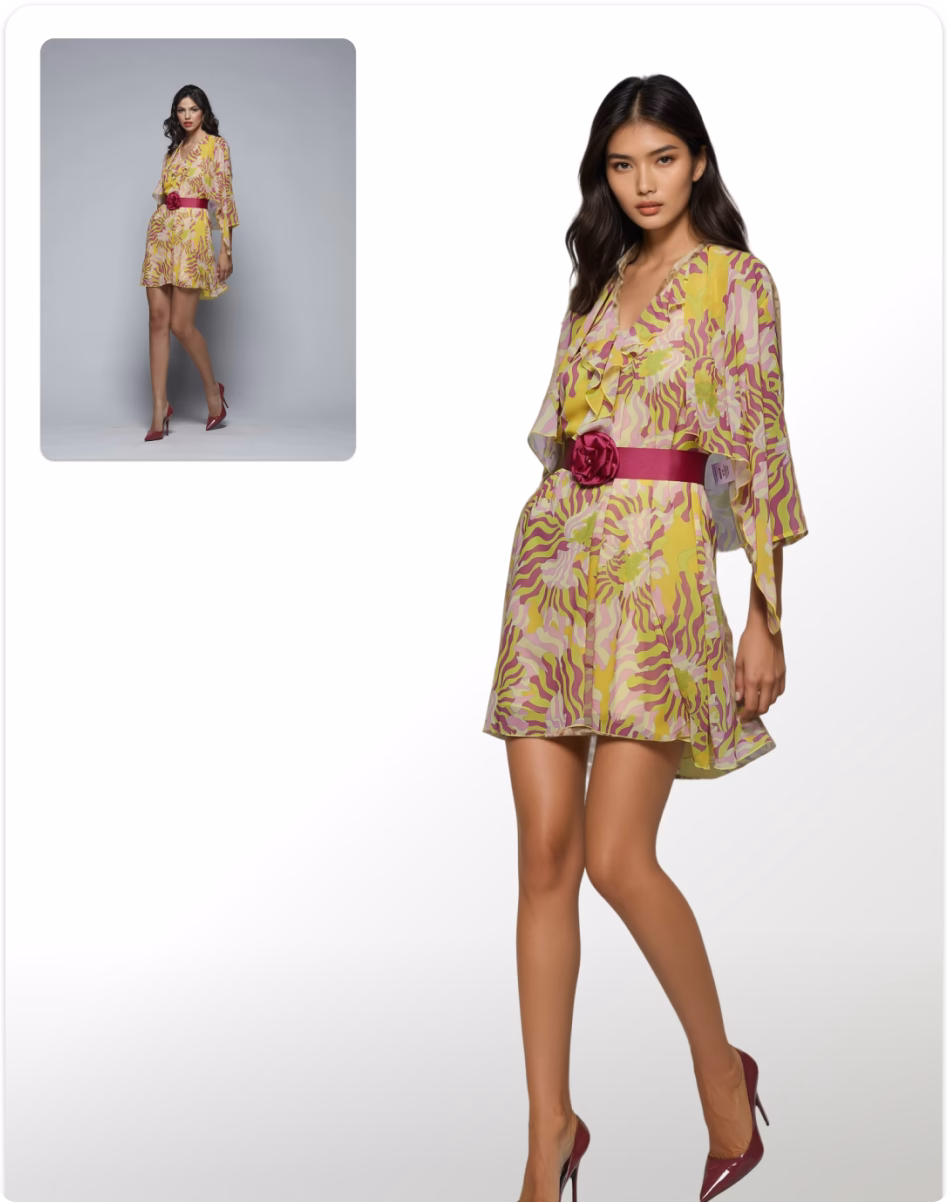 An original on model product image and the transformed female AI fashion model wearing a yellow printed dress