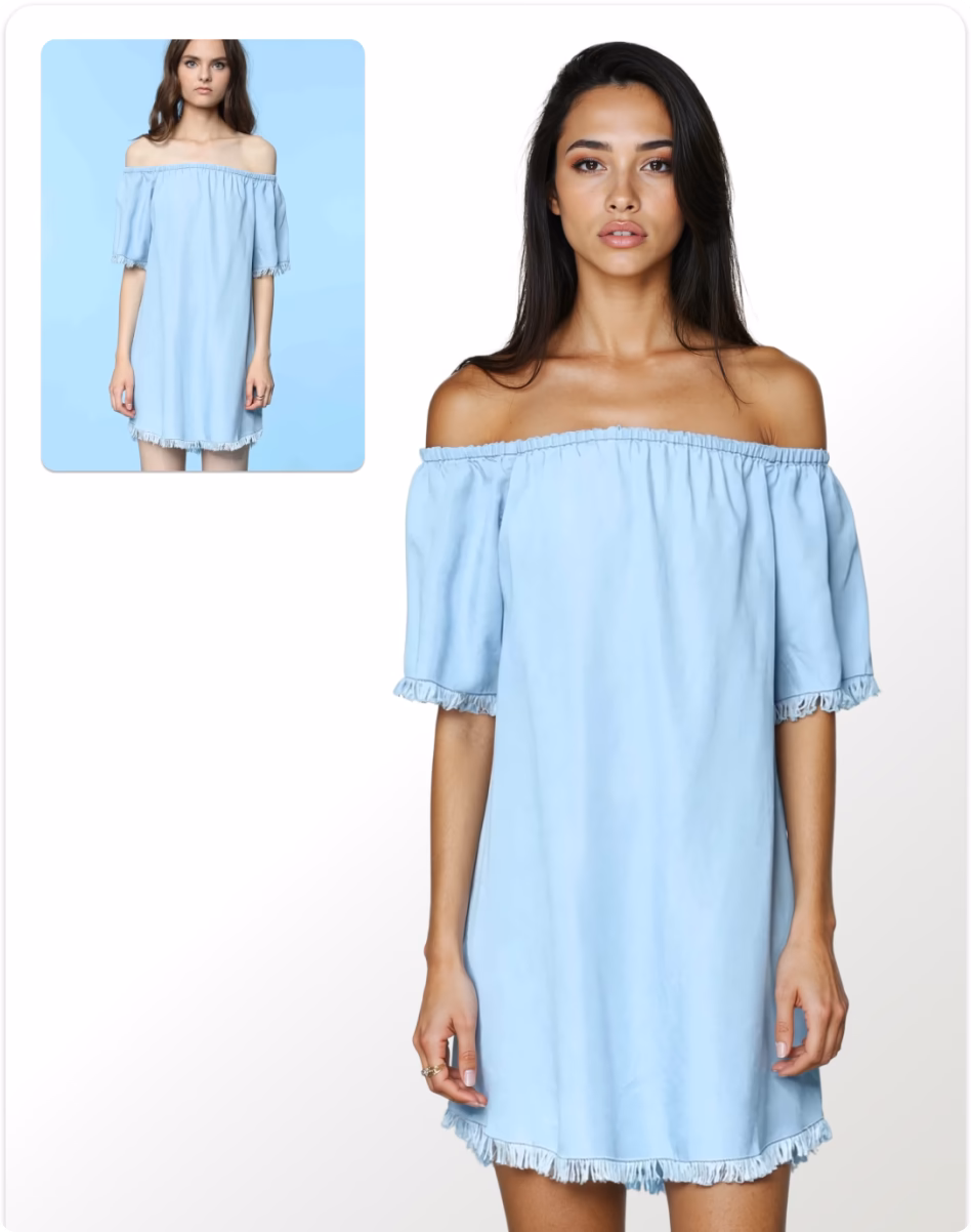 An original on model product image and the transformed female AI fashion model wearing a blue off the shoulder dress