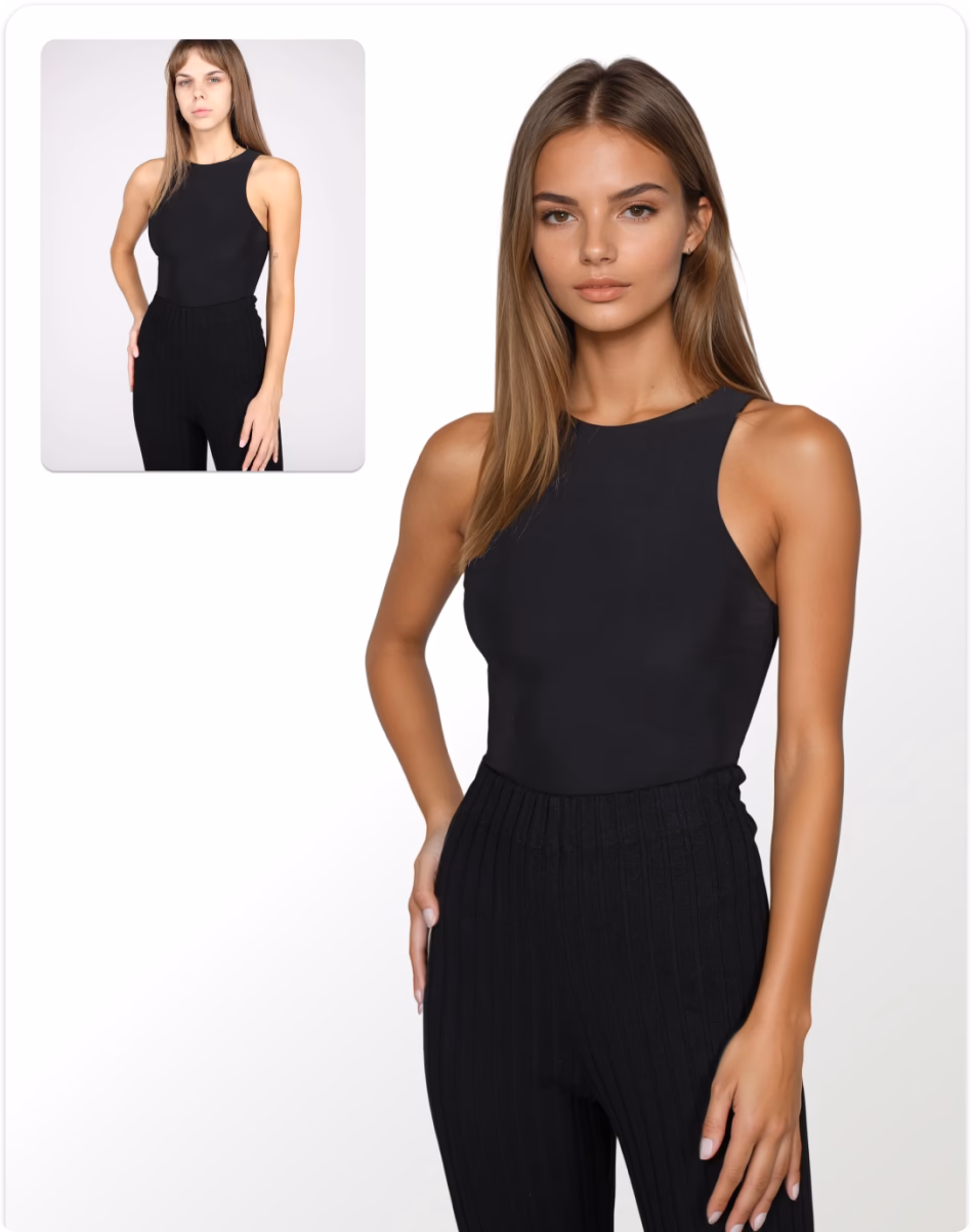 An original on model product image and the transformed female AI fashion model wearing a black tank top and matching pants