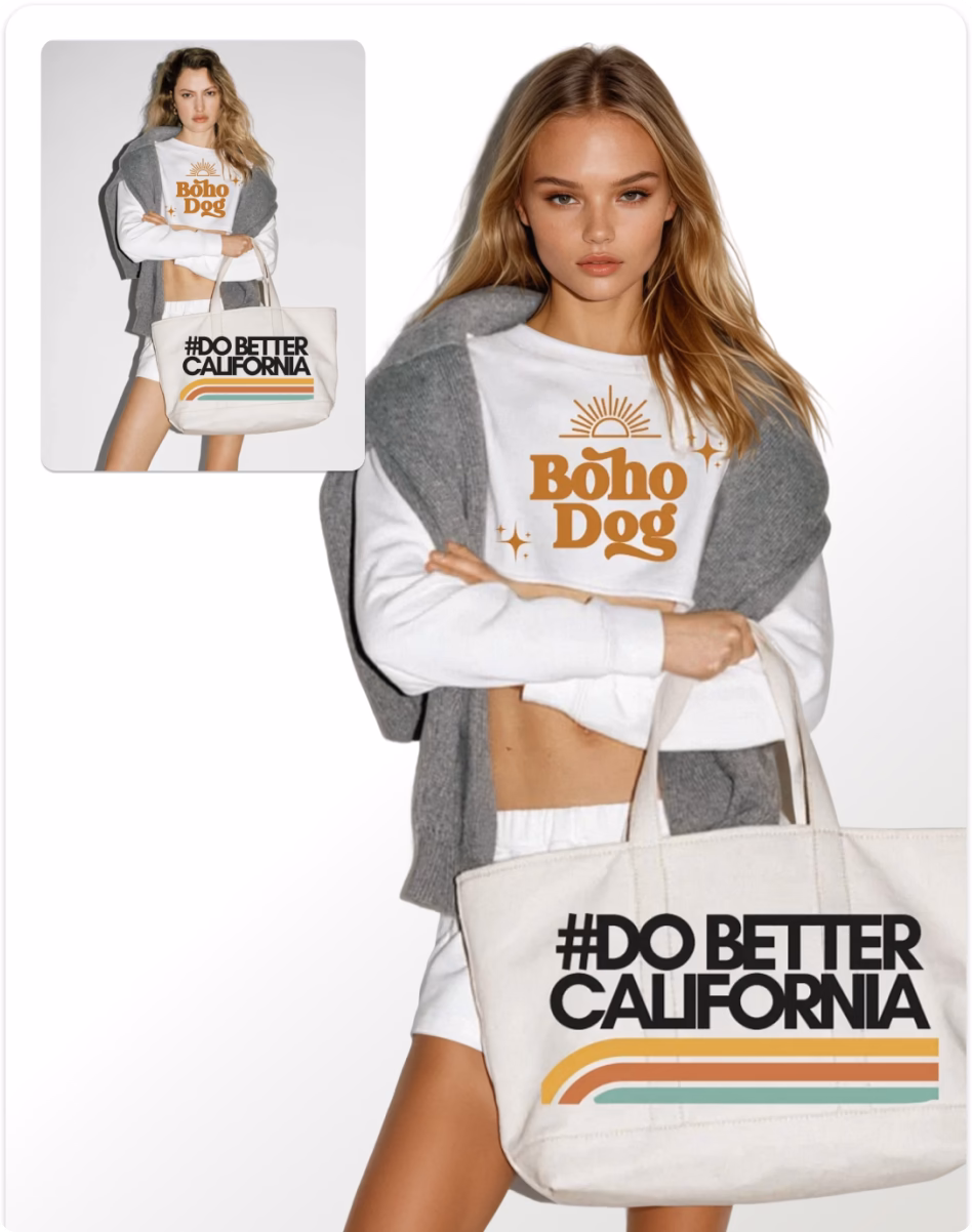 An original on model product image and the transformed female AI fashion model wearing a Boho Dog outfit.