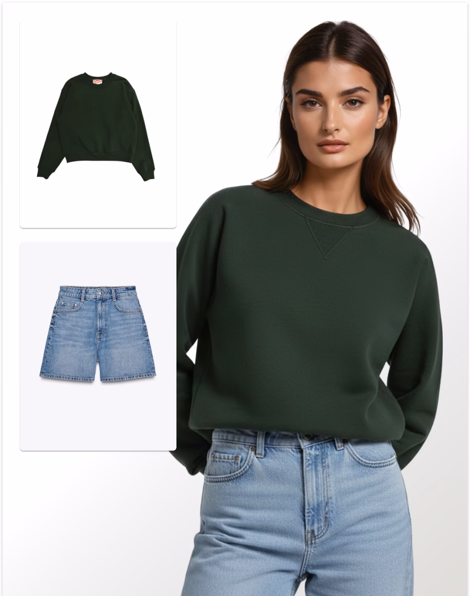 Image showing two flat lay images of a green sweater and jeans and a larger image of what it would look like rendered on a female AI fashion model. 