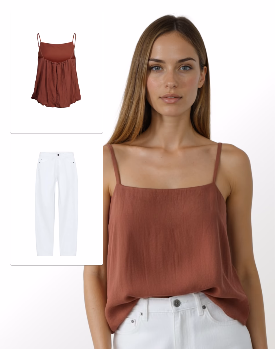 Image showing a flat lay image of a rust colored tank top and a larger image of what it would look like rendered on a female AI fashion model wearing white jeans.
