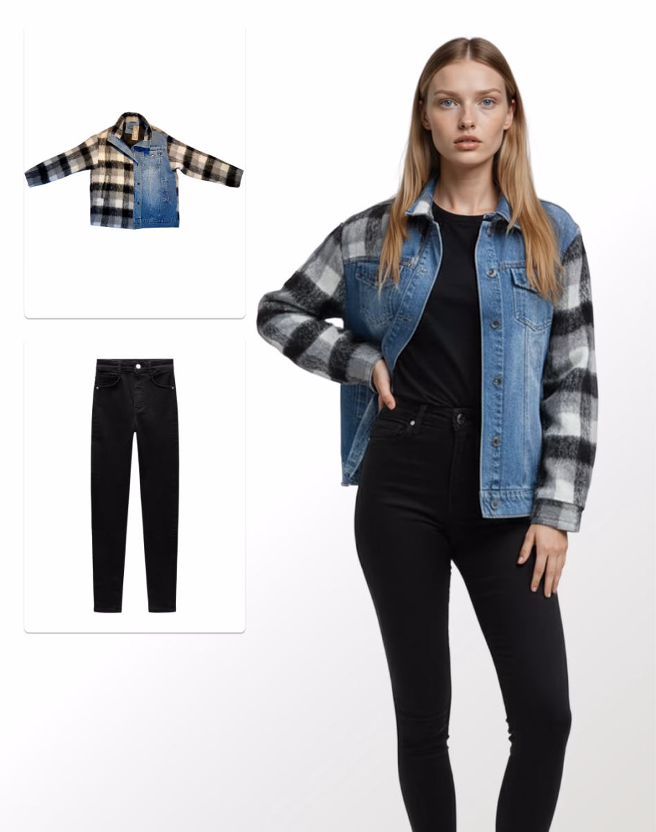 Image showing a flat lay image of a pair of jeans and striped sweater on a floor and a larger image of what it would look like rendered on a male AI fashion model.