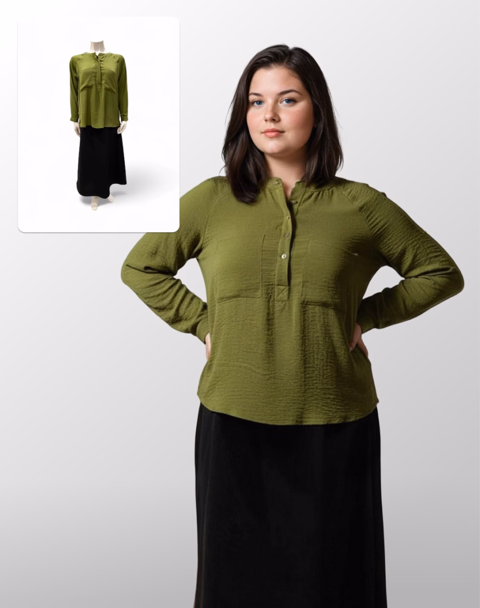Two images showing a green blouse and black skirt on a mannequin and what it would look like rendered on a plus size female AI fashion model. 