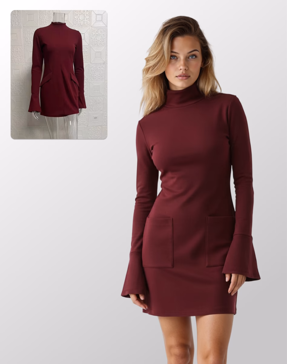 Two images showing a dark red dress on a mannequin and what it would look like rendered on a female AI fashion model. 