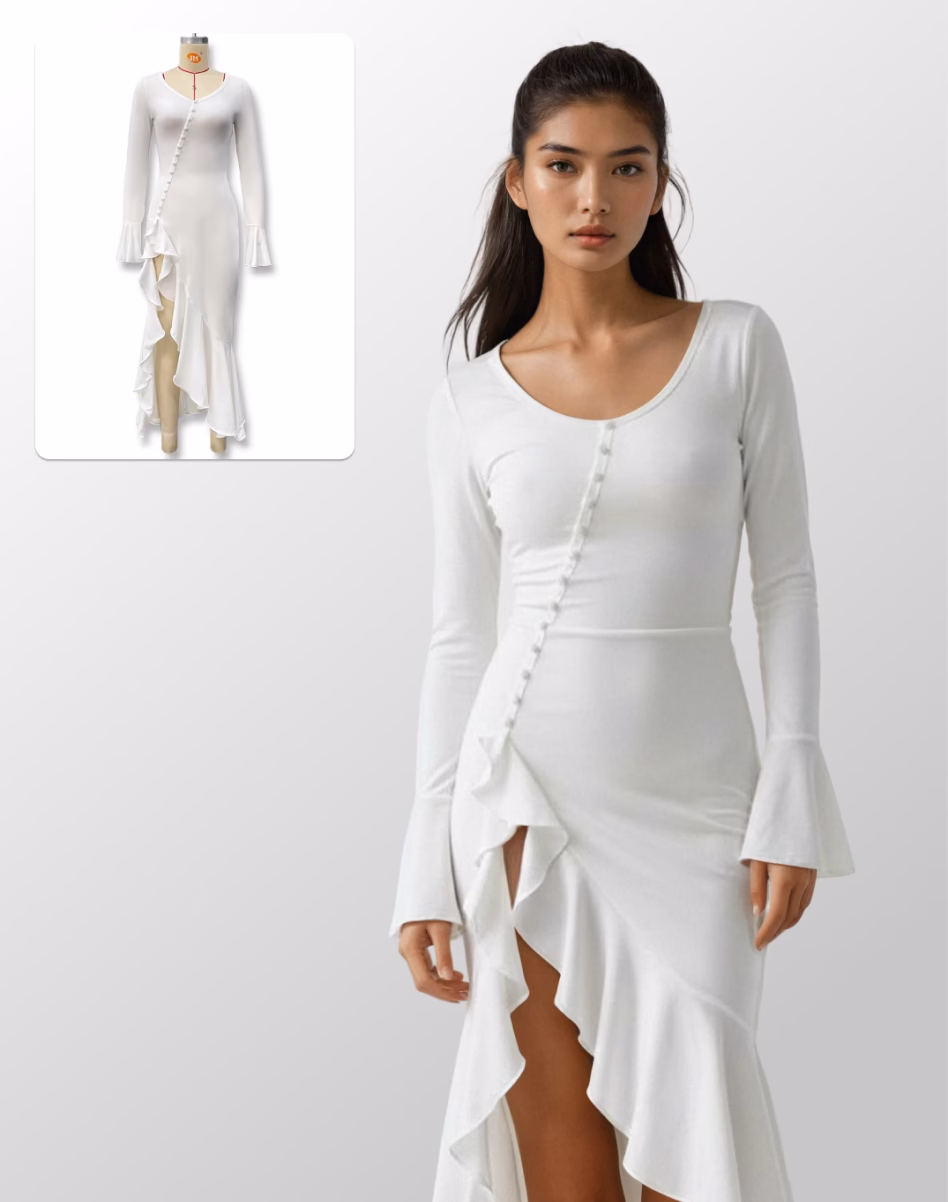 Two images showing a white dress on a mannequin and what it would look like rendered on a female AI fashion model. 