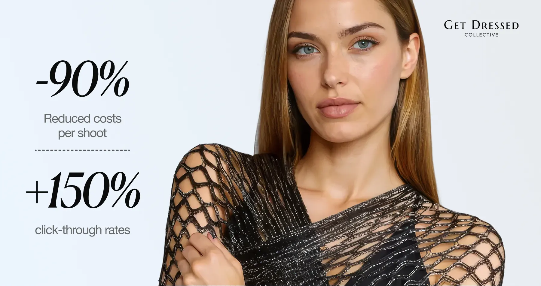 Get Dressed Collective product shot of a female AI fashion model wearing a black mesh top. 