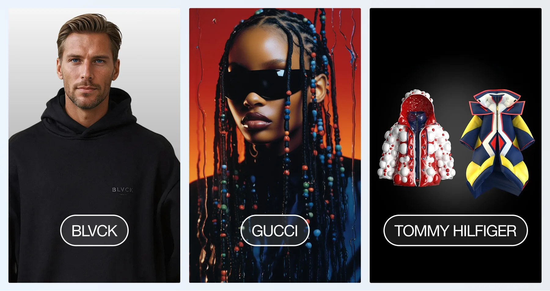 Product shots side-by-side from BLVCK, Gucci and Tommy Hilfiger. 