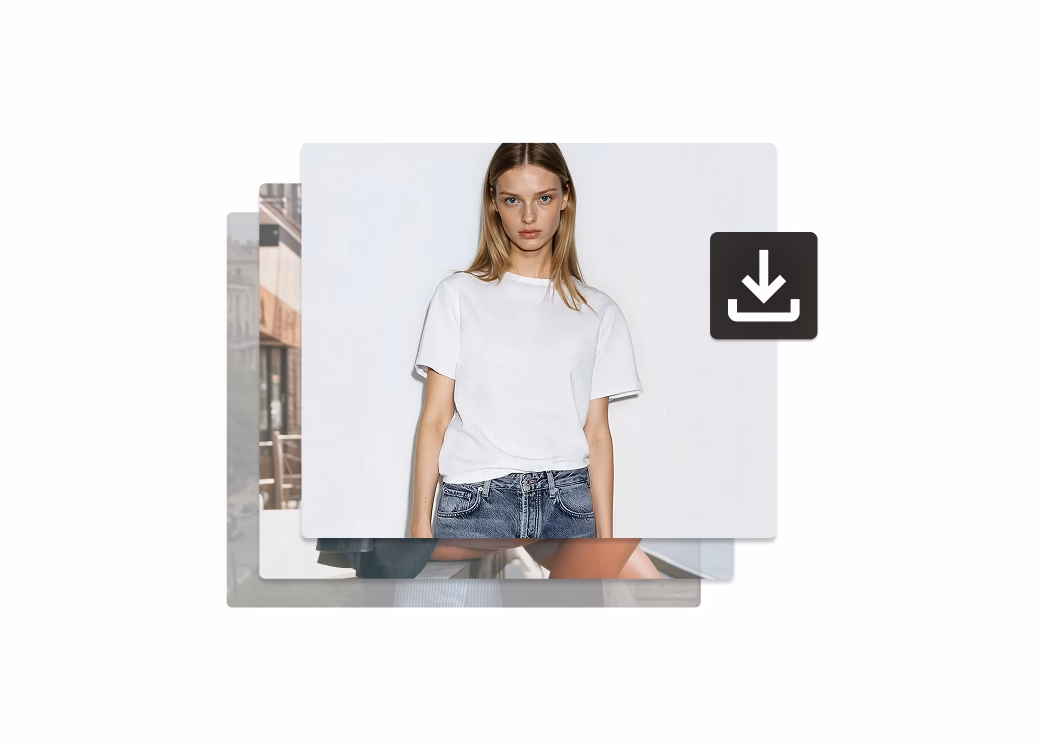 Female Botika AI fashion model wearing a white t-shirt and jeans with a download symbol in the corner.