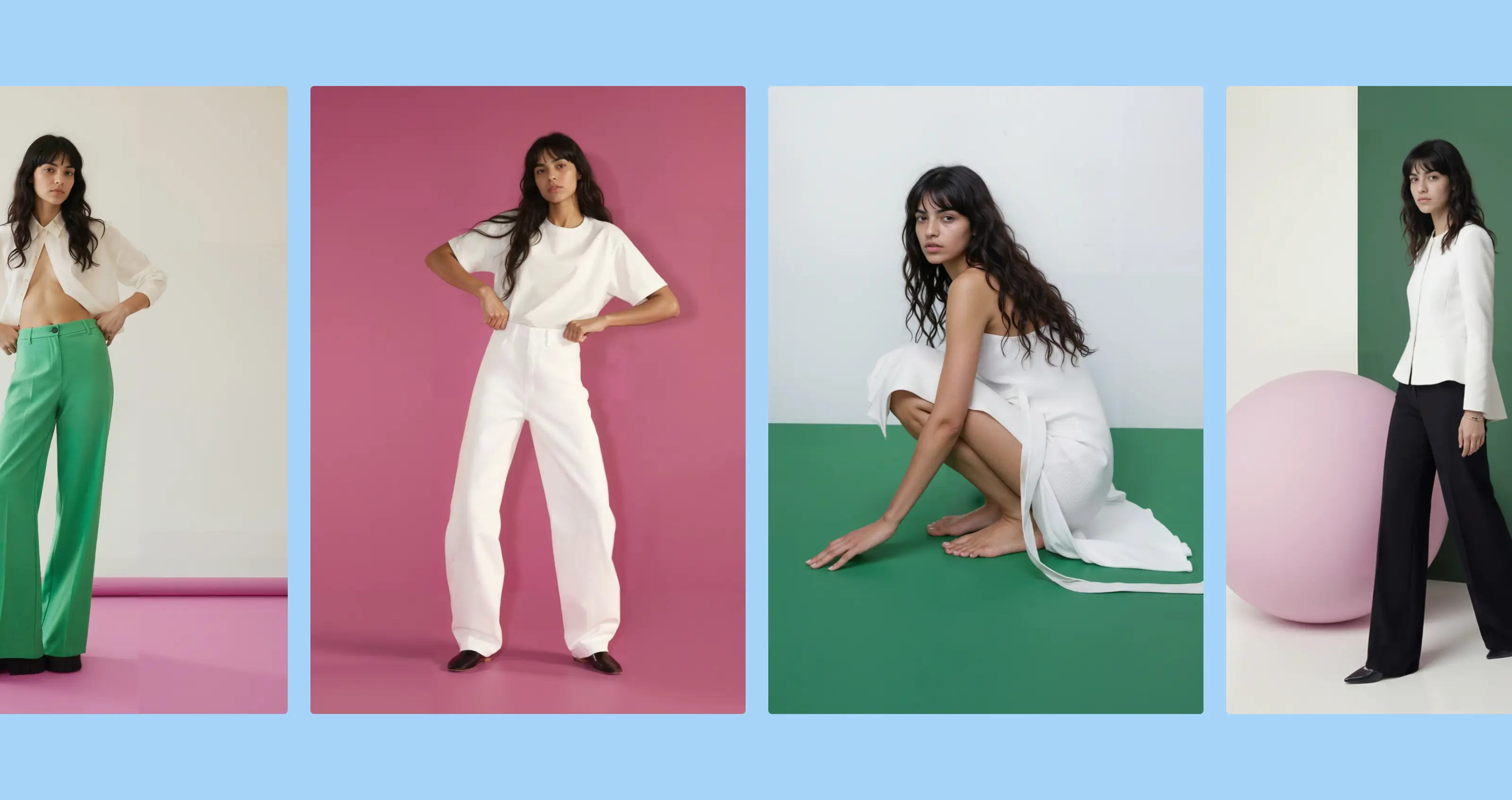 Four different product images side-by-side with the same Botika female AI fashion model. 