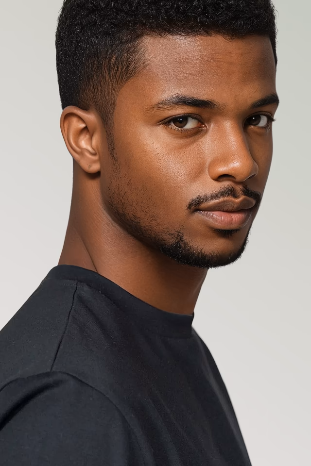 Headshot of Eric a Botika black male AI fashion model. He is wearing a black tshirt in profile.