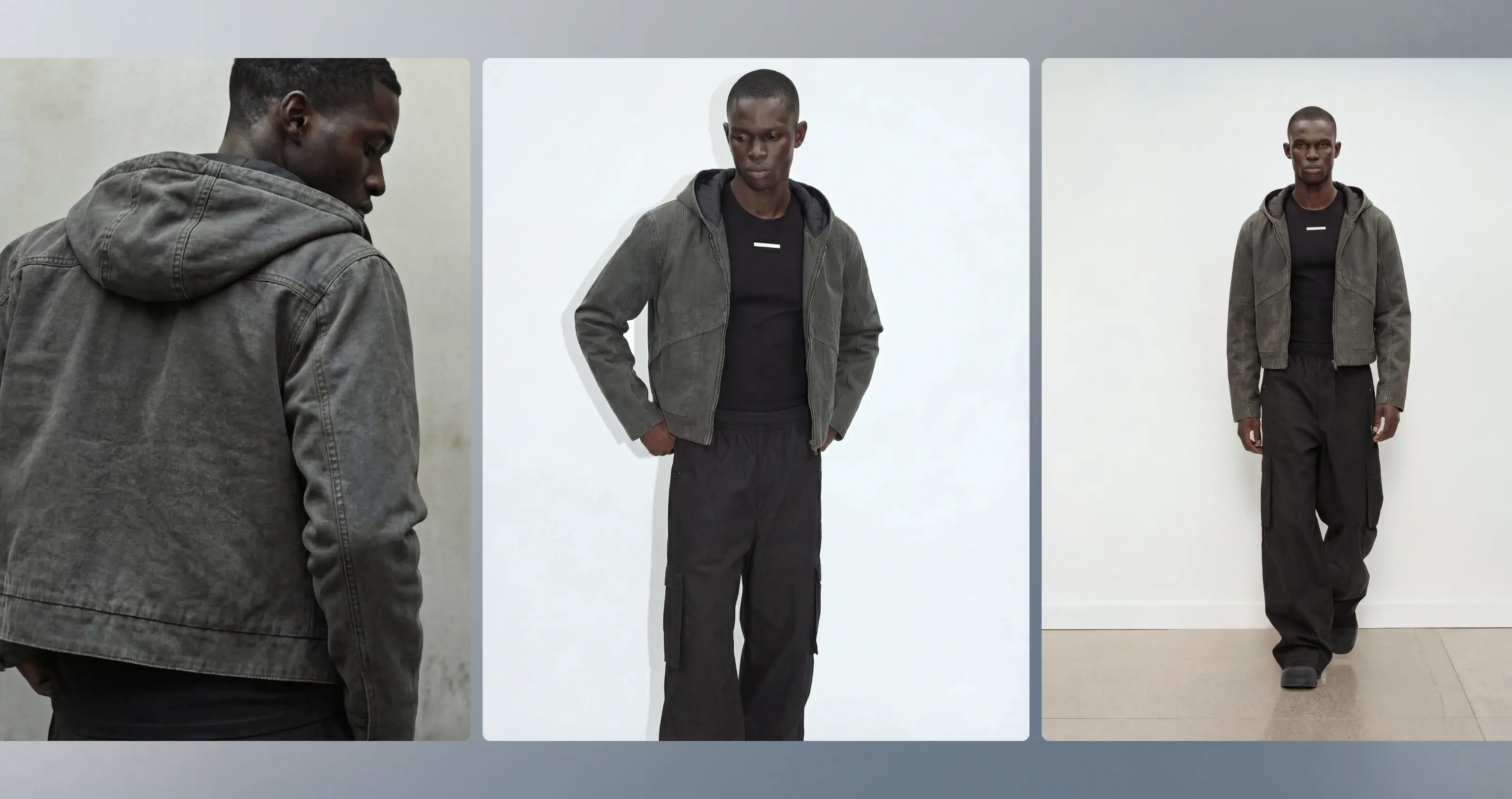 Three product images side-by-side of HELIOT EMIL's black male custom AI fashion model wearing a fatigue green jacket and black tshirt and pants in three different poses. 