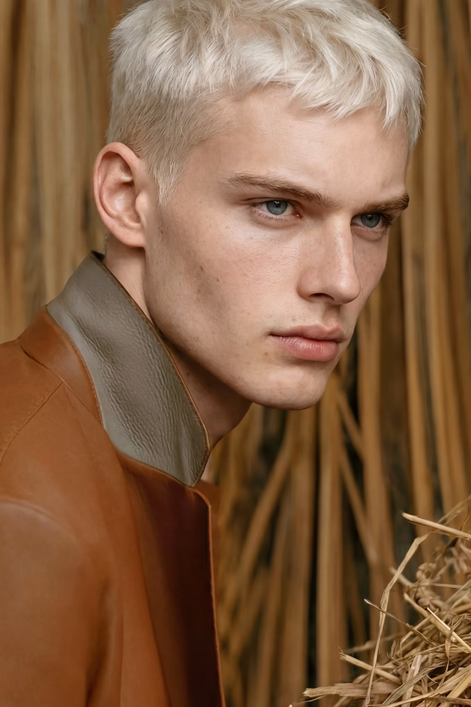 Botika's male AI fashion model named Booker in side profile wearing a brown leather jacket with the collar popped.