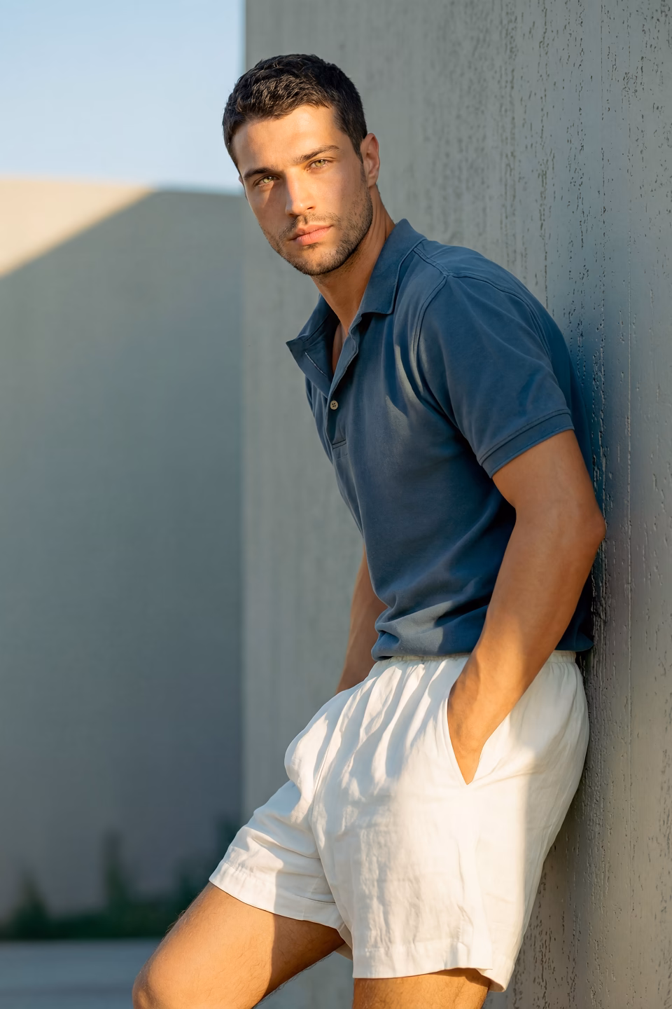 Botika's AI fashion model, Nick weaeing a azure blue polo shirt and white shorts standing up against a concrete wall.