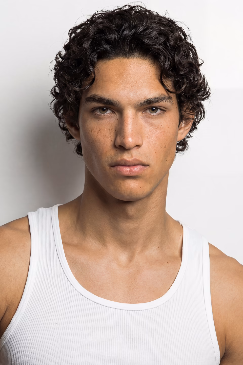 Botika's male AI fashion model Rodrigo's headshot. He has black curly hair and is wearing a white tank top.