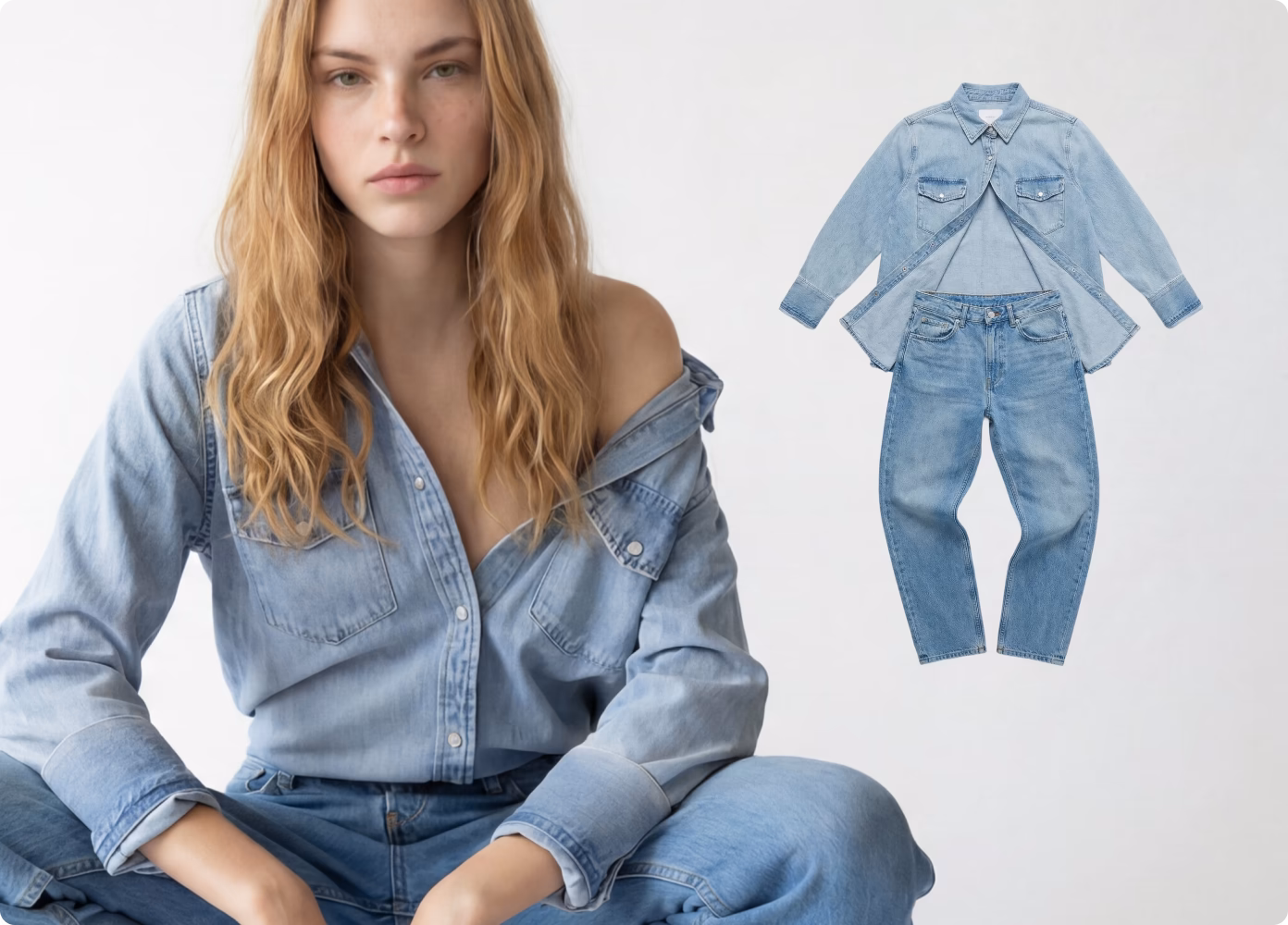 Two images one of flat lay of a button down jean shirt and jeans and another next to it with an female blonde fashion model sitting cross legged wearing it.