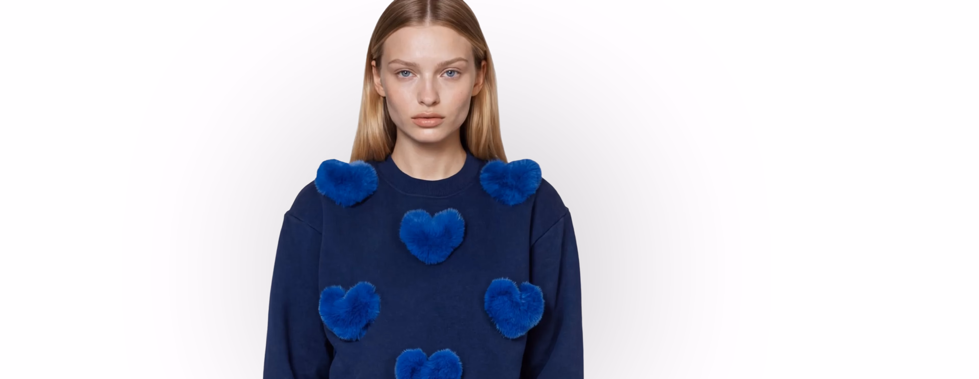 Nil+Mon product image of a female AI fashion model wearing a blue sweater. 