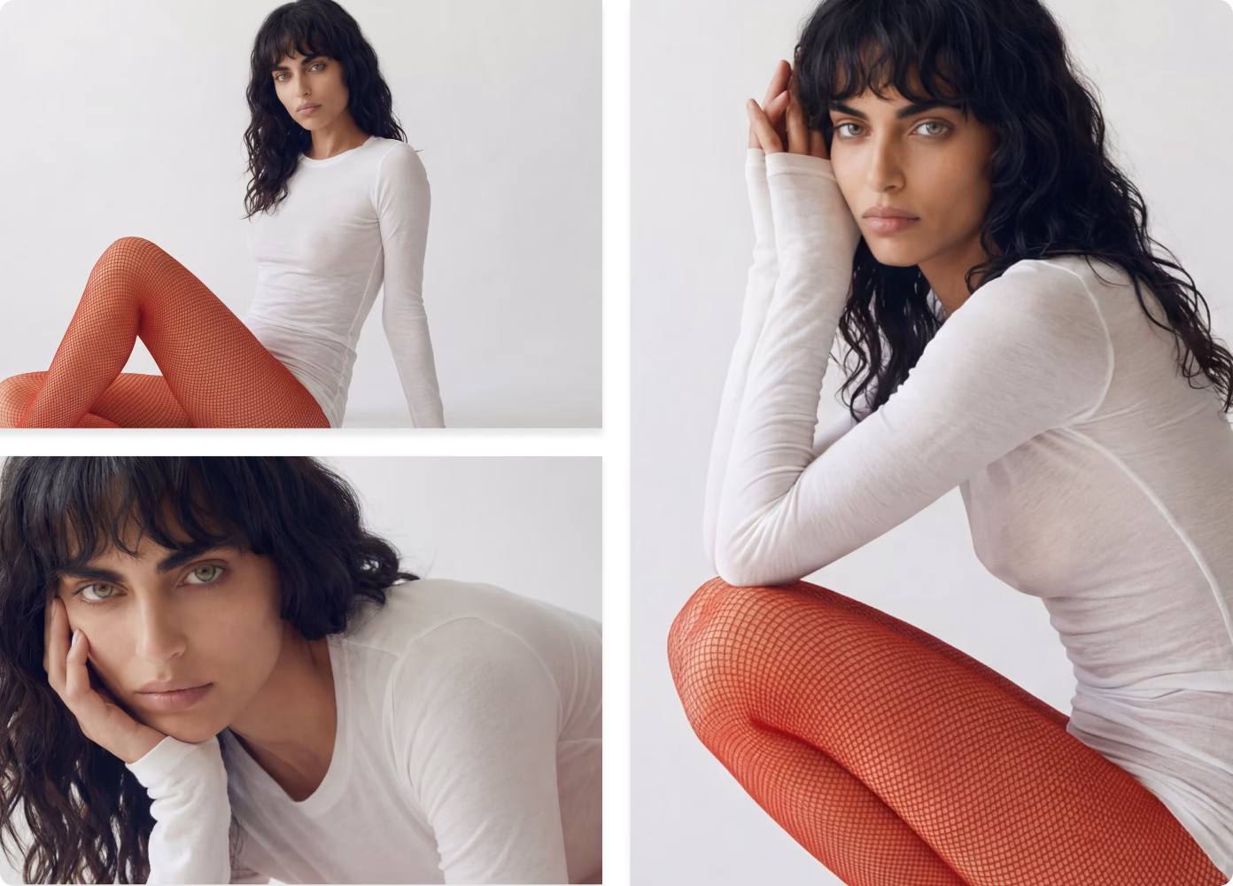 A photo block of three images of the same Botika female AI fashion model wearing a white skin tight dress and red fishnet stockings in various poses.