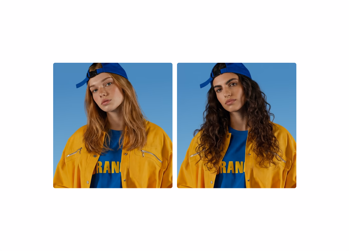 Two different female AI fashion models - one with blond straight hair and one with long dark curly hair wearing the same backwards blue baseball hat, a yellow jacket and a blue tshirt with yellow lettering.