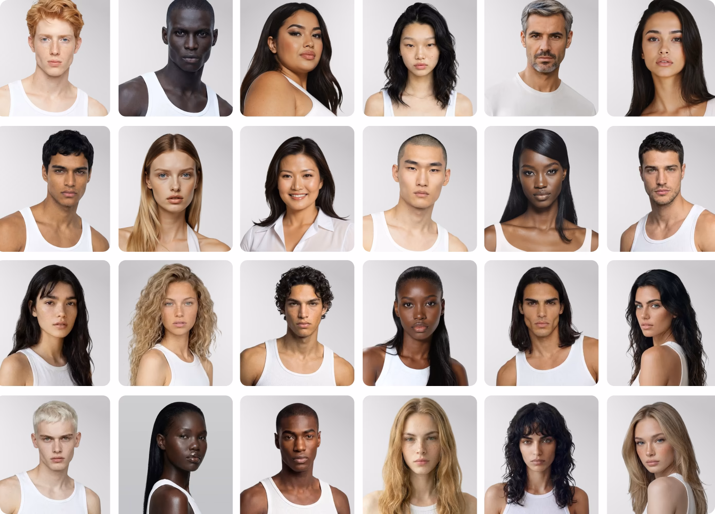 6 by 4 grid of headshots of the diverse set of Botika AI fashion models.