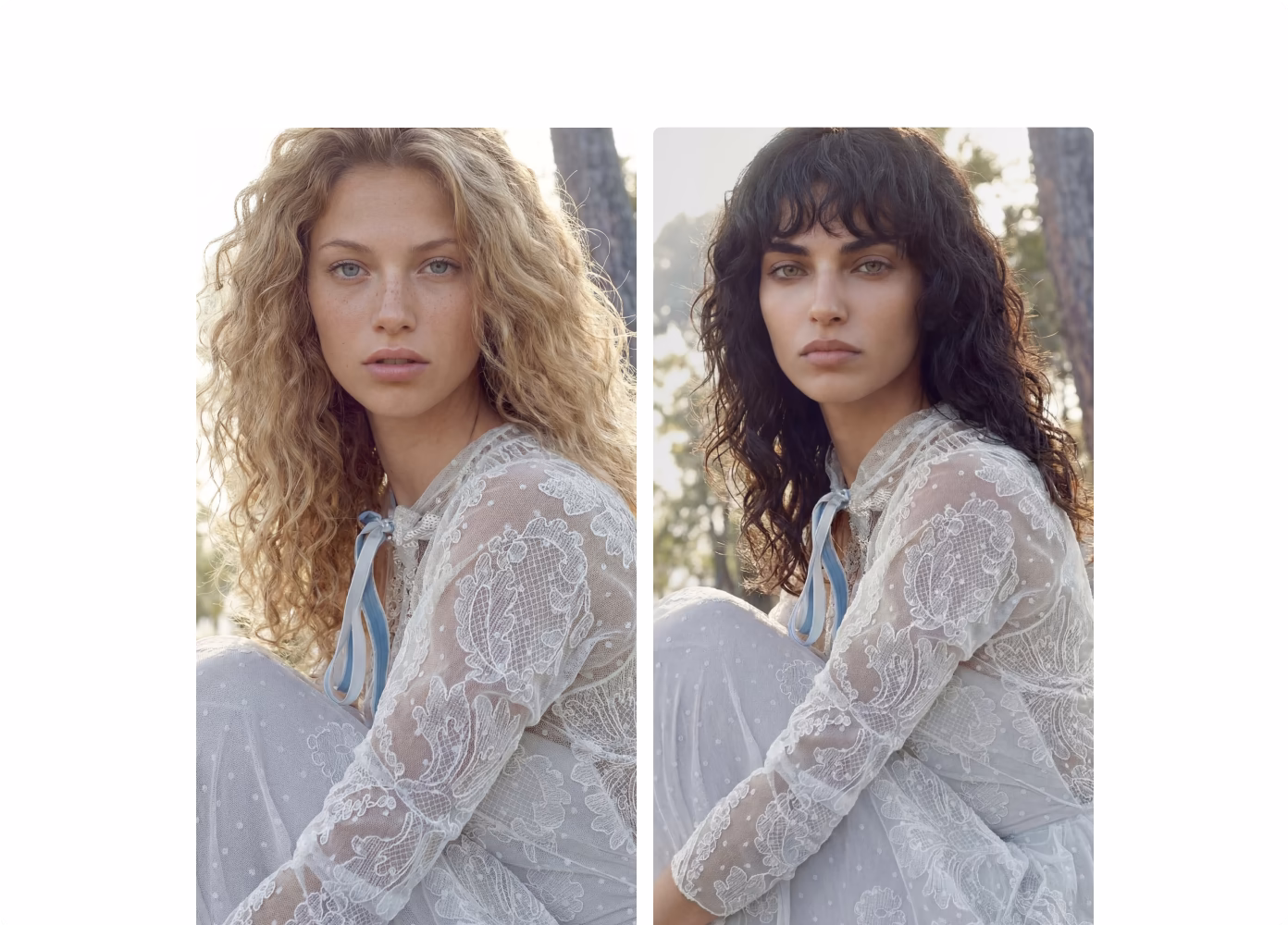 Two images of the same light blue gauzy dress worn by two different AI fashion models - One blonde and blue eyed with long curly hair and the other a raven haired long wavy haired model in the same pose.