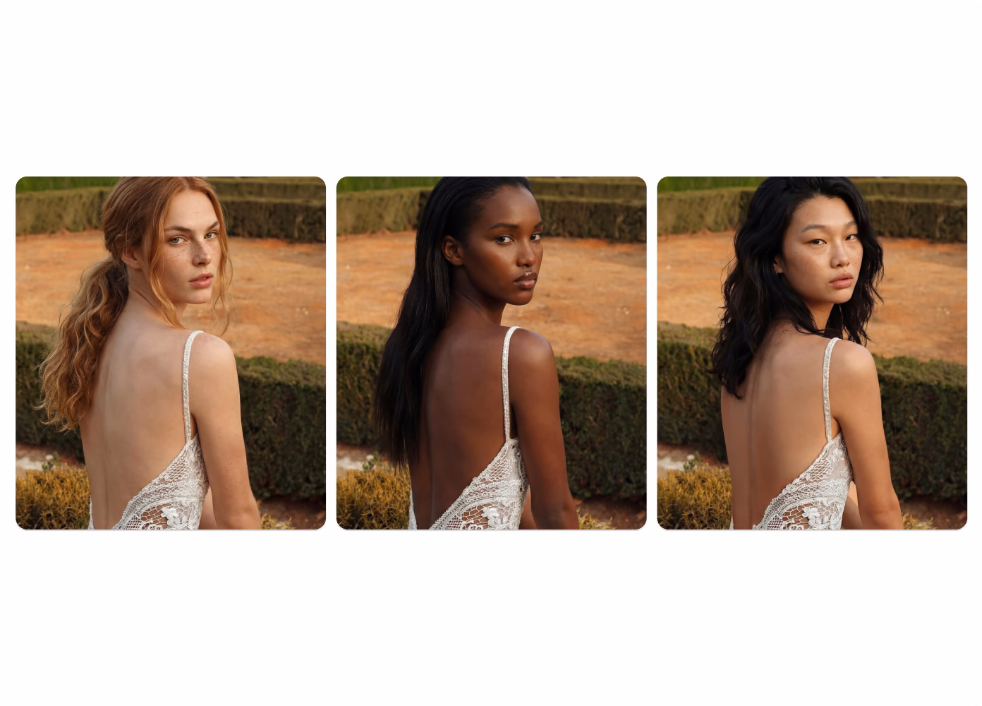 Three product images using three different AI fashion models of different ethnicities wearing the same backless white dress with a garden background.