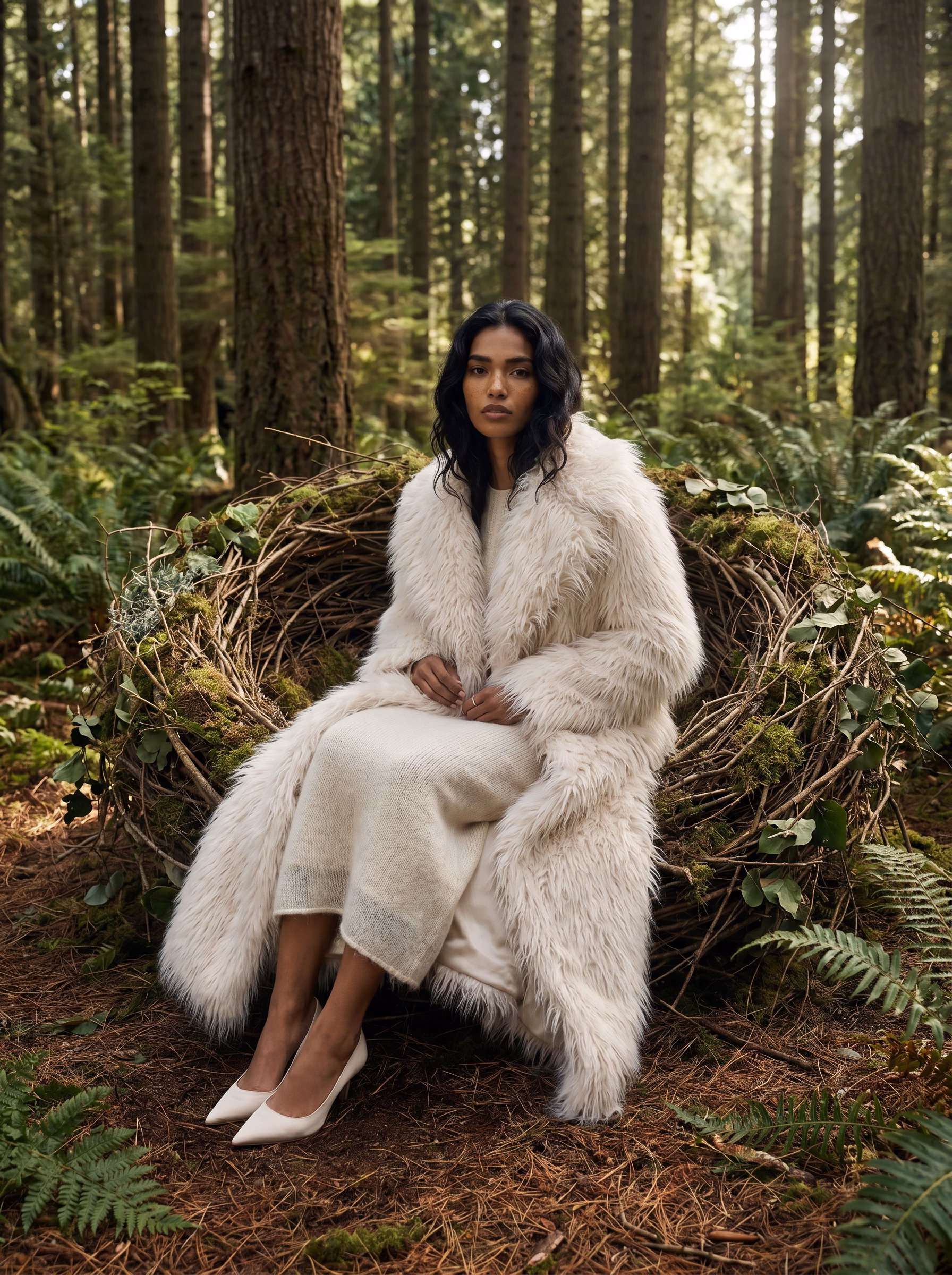 Woman in white faux fur coat and knit dress sitting in large twig nest in forest surrounded by ferns and pine trees