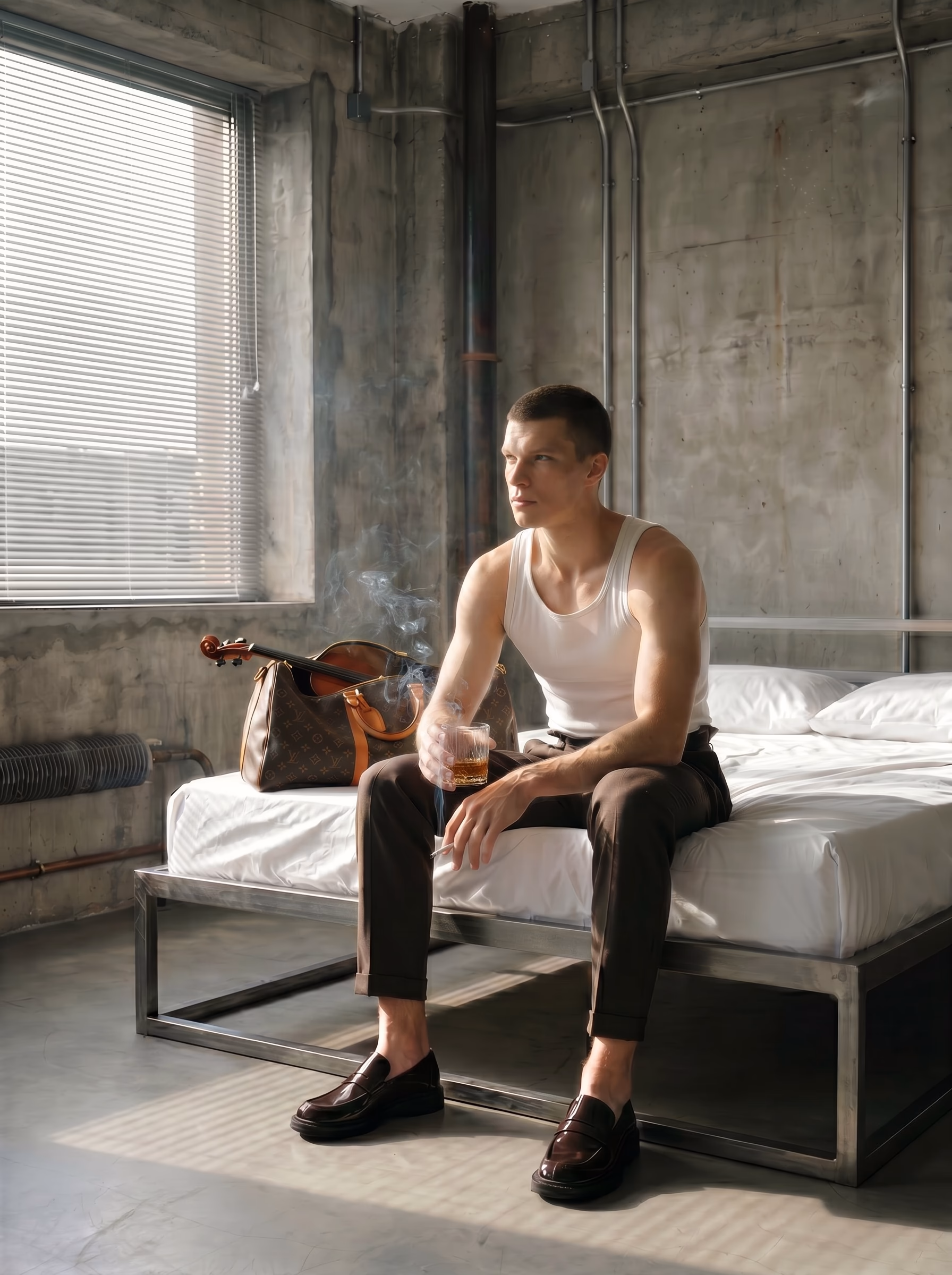 Man in white tank top sitting on metal bed frame in industrial loft holding whiskey glass with violin and Louis Vuitton bag