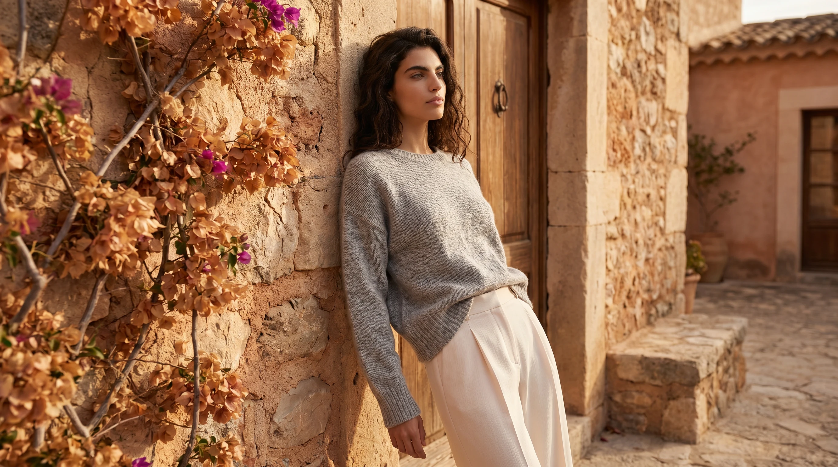 Editorial on-model fashion photo created with Botika AI: grey knit sweater and cream trousers in a Mediterranean courtyard