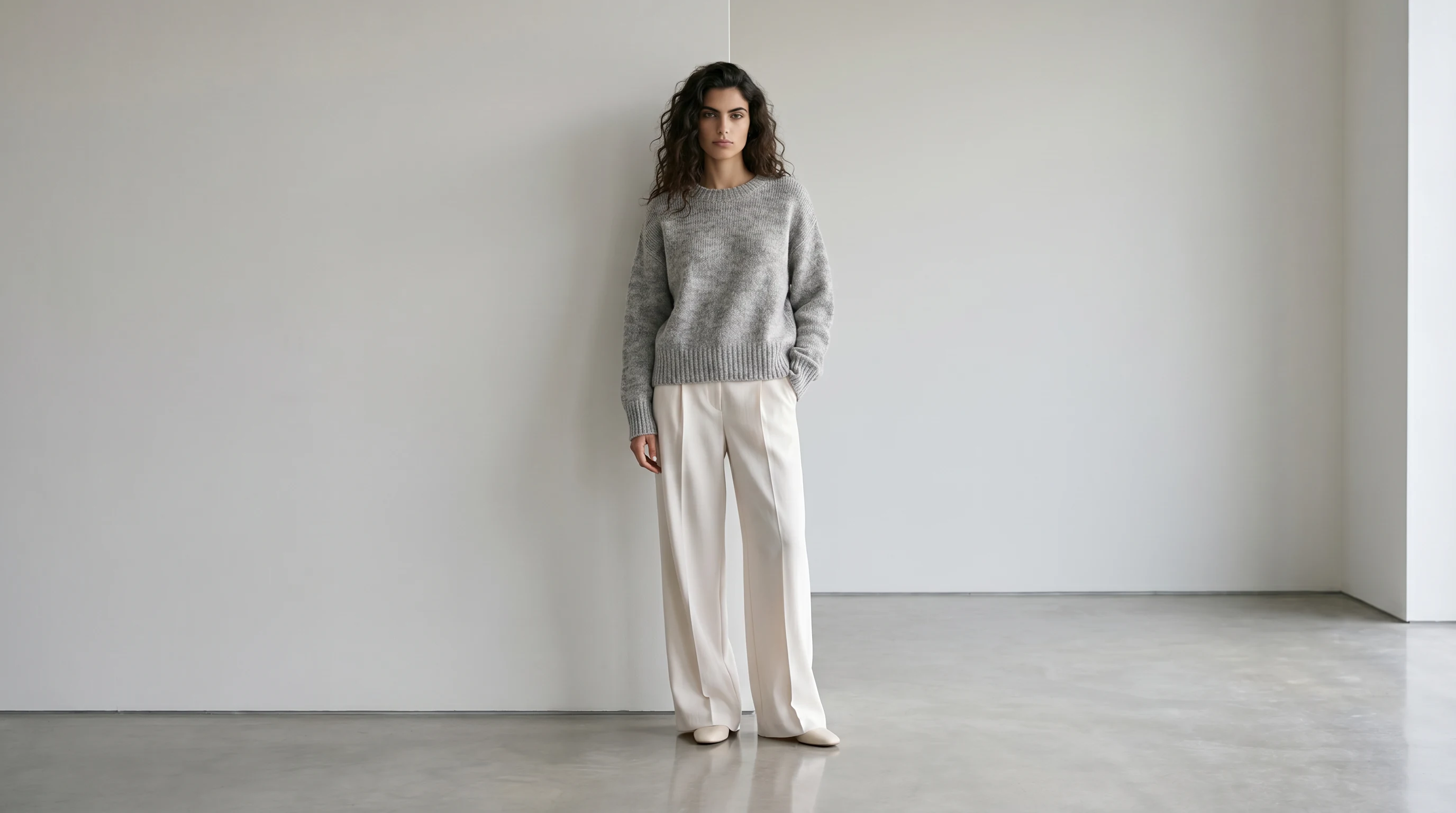 Editorial AI on-model fashion photo created with Botika: grey knit and cream trousers in a minimalist gallery