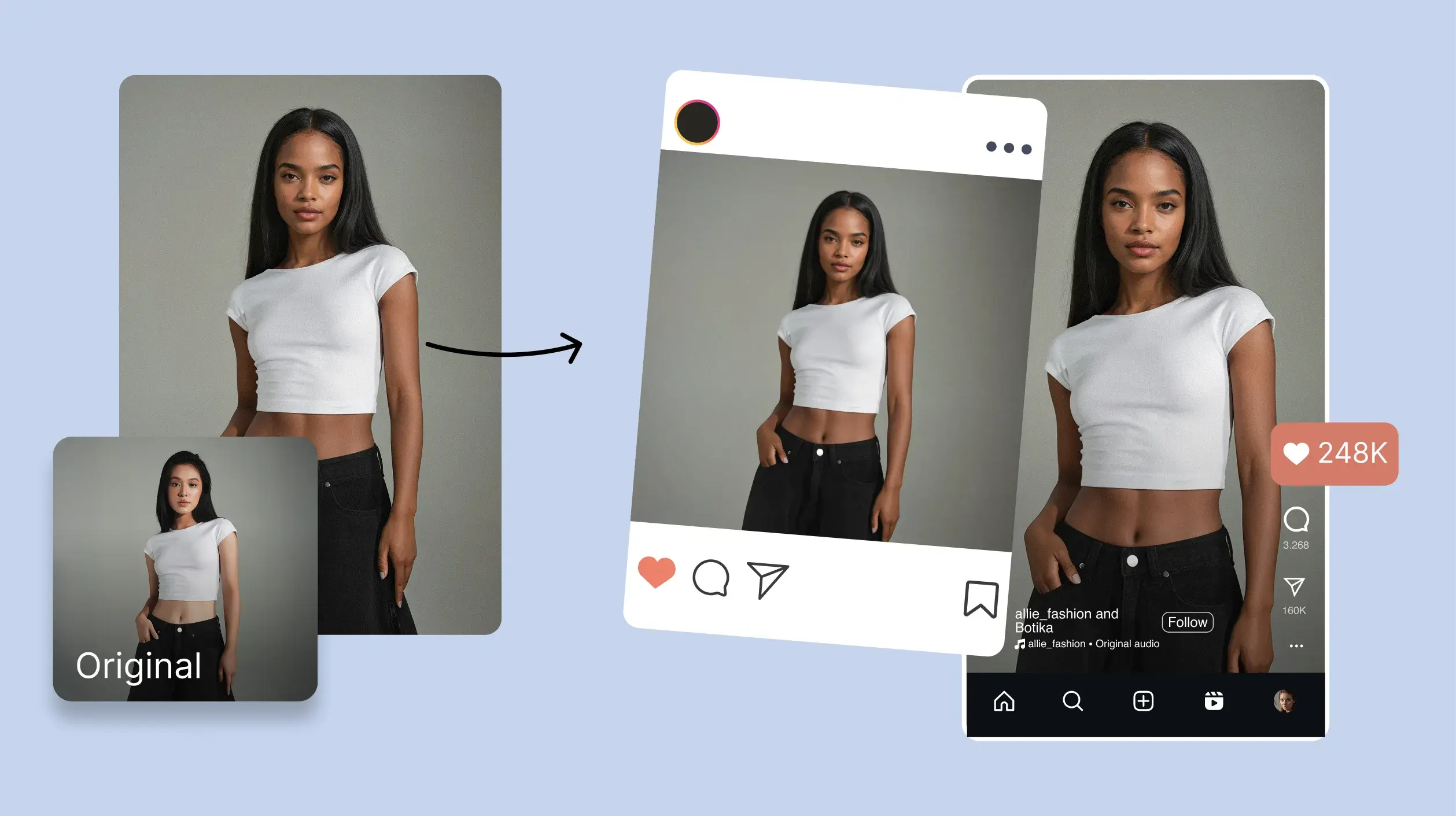 Multiple images of an AI fashion model for different online platforms.