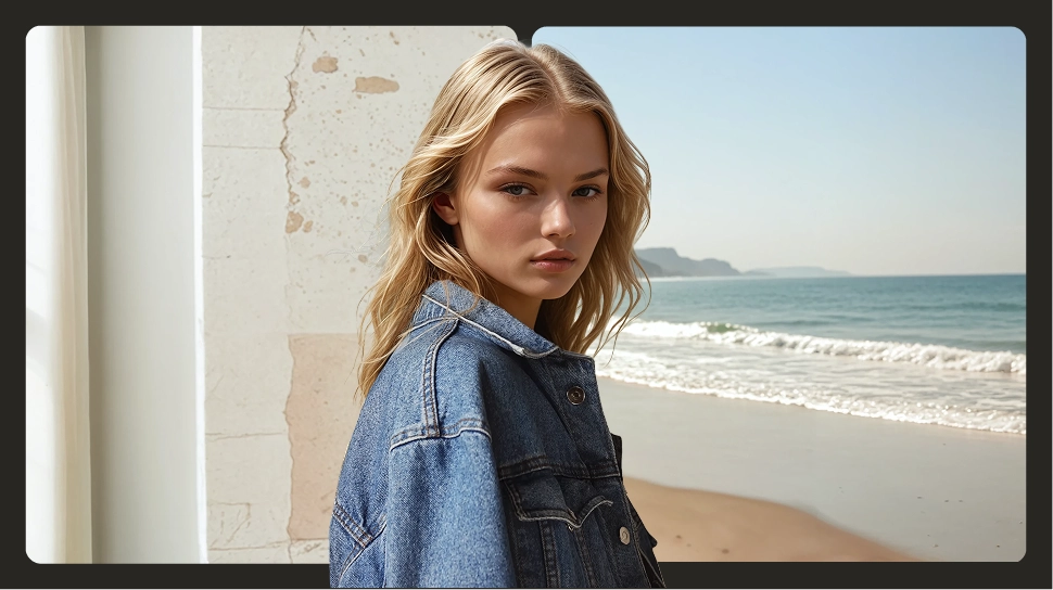 Female blonde Botika AI fashion model standing with the ocean behind her. 