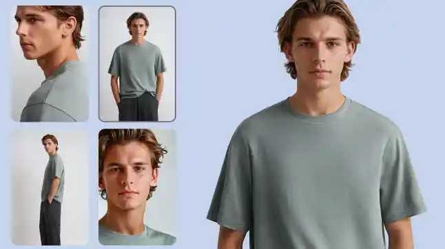 Image of a Botika AI generated male model wearing a green t-shirt in 5 different poses.