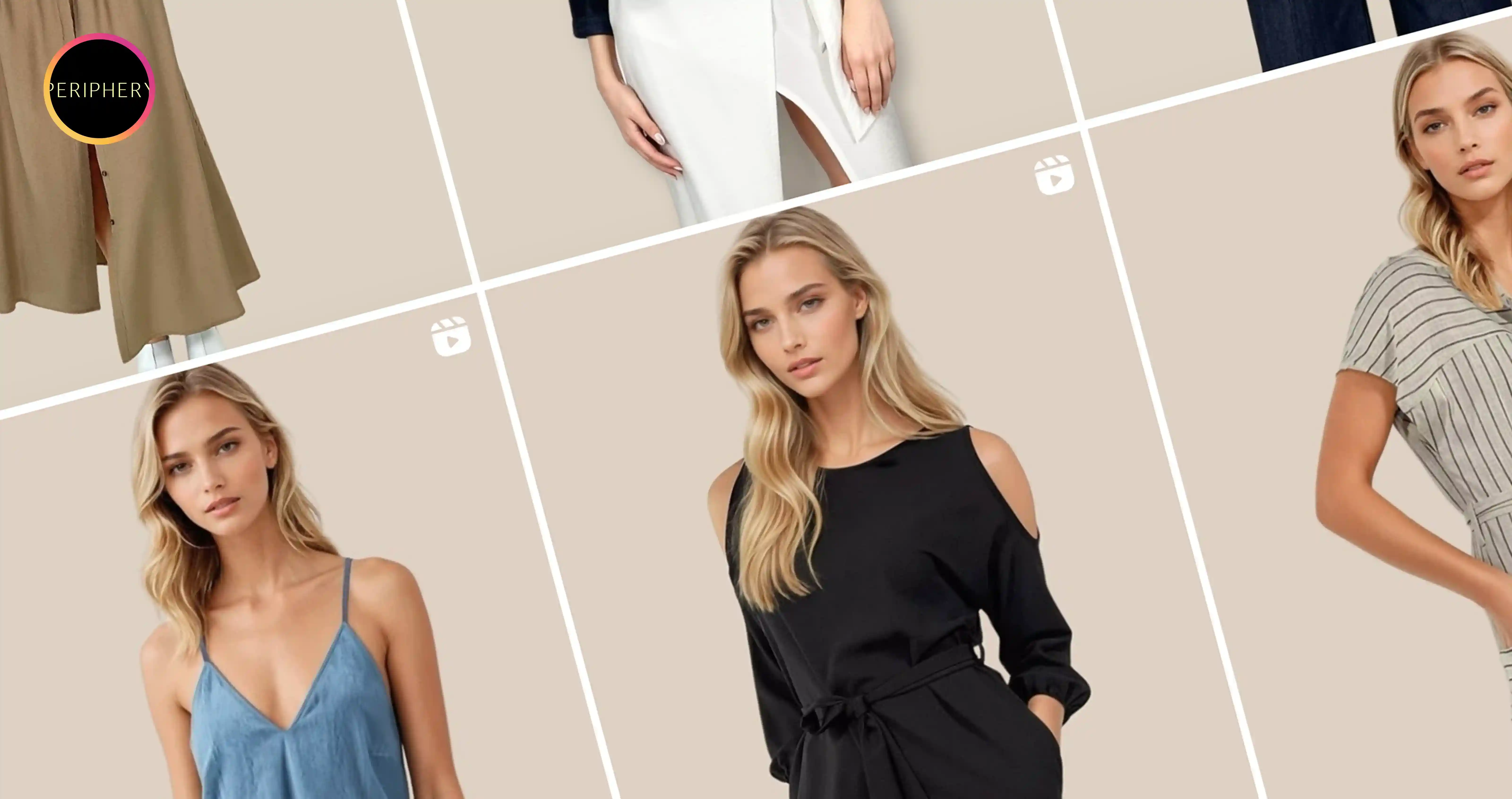 Grid of 6 images with the same blond female generative AI model modeling different outfits and poses. 