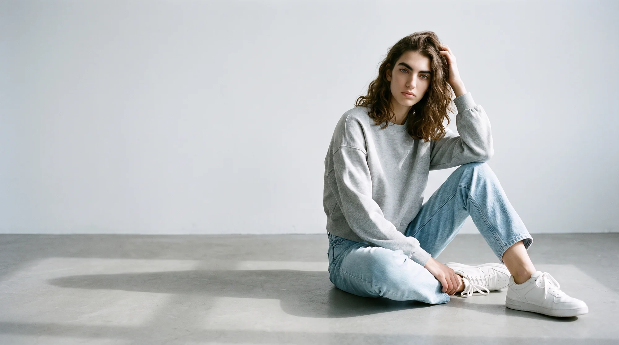 Woman seated on a concrete floor in a grey sweatshirt, AI-generated on-model fashion image