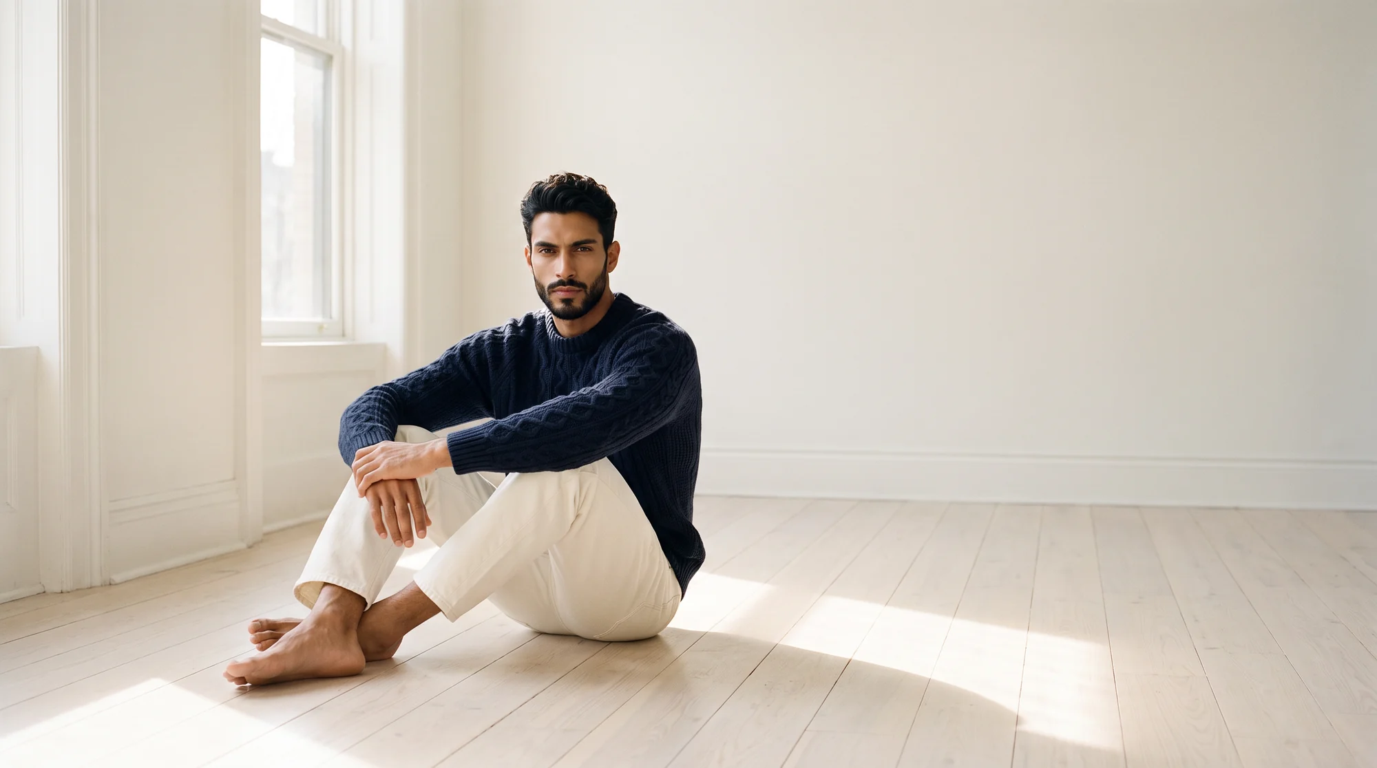 Man seated on a pale wood floor in a navy cable-knit sweater, AI-generated on-model image